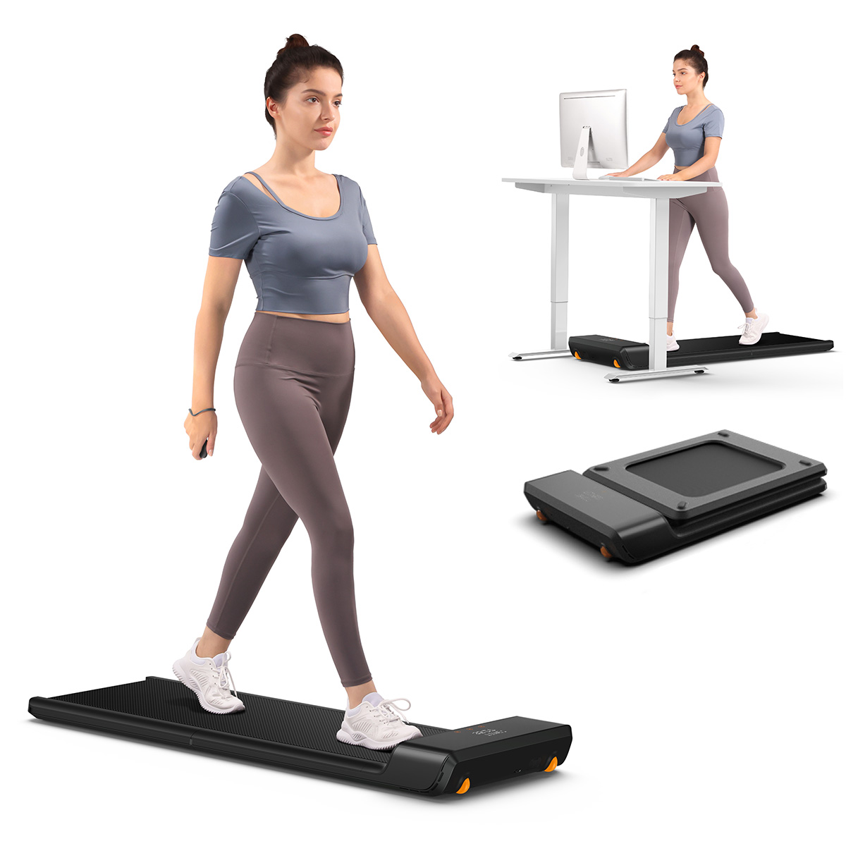 Eine Frau geht auf einem Laufband. Eine andere Frau geht auf einem Laufband in der Nähe eines Schreibtisches mit einem Monitor. Ein zusammengeklapptes Laufband wird ebenfalls gezeigt.