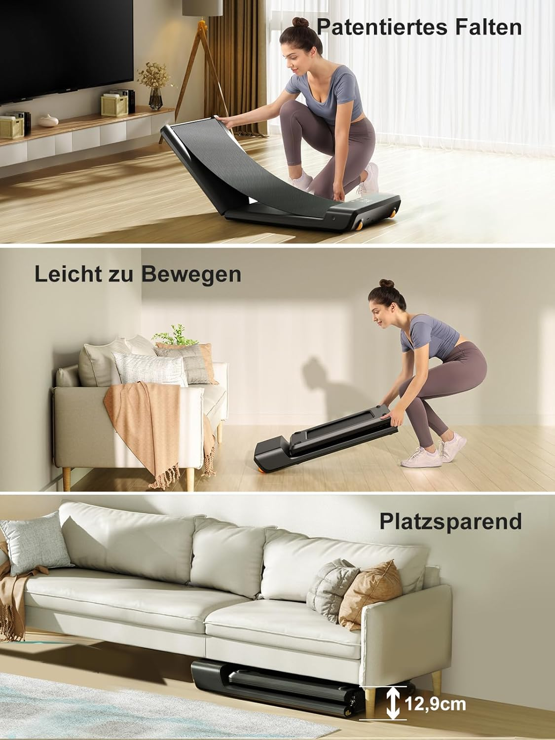 Frau demonstriert das Zusammenklappen des Laufbands. Zeigt Falten, Bewegen und Verstauen unter einem Sofa. Das Laufband ist schwarz und grau.