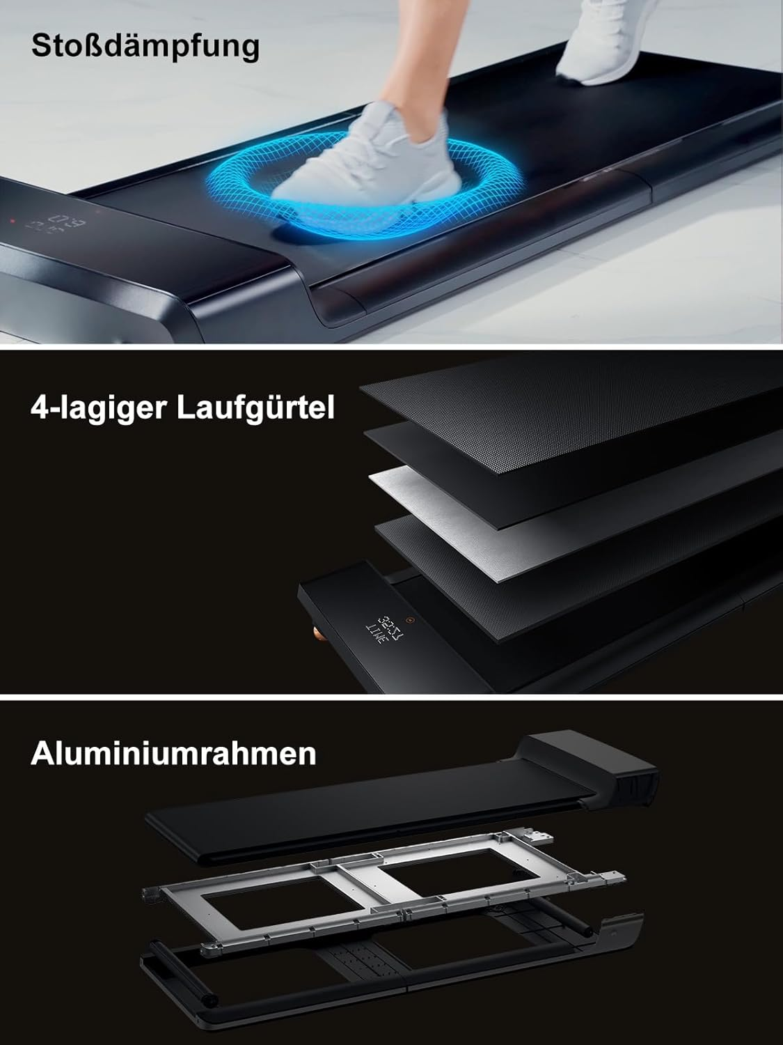 Eine Person, die auf einem Laufband läuft. Das Bild zeigt die Eigenschaften des Laufbands, einschließlich Stoßdämpfung, mehrschichtiger Gurt und Aluminiumrahmen.