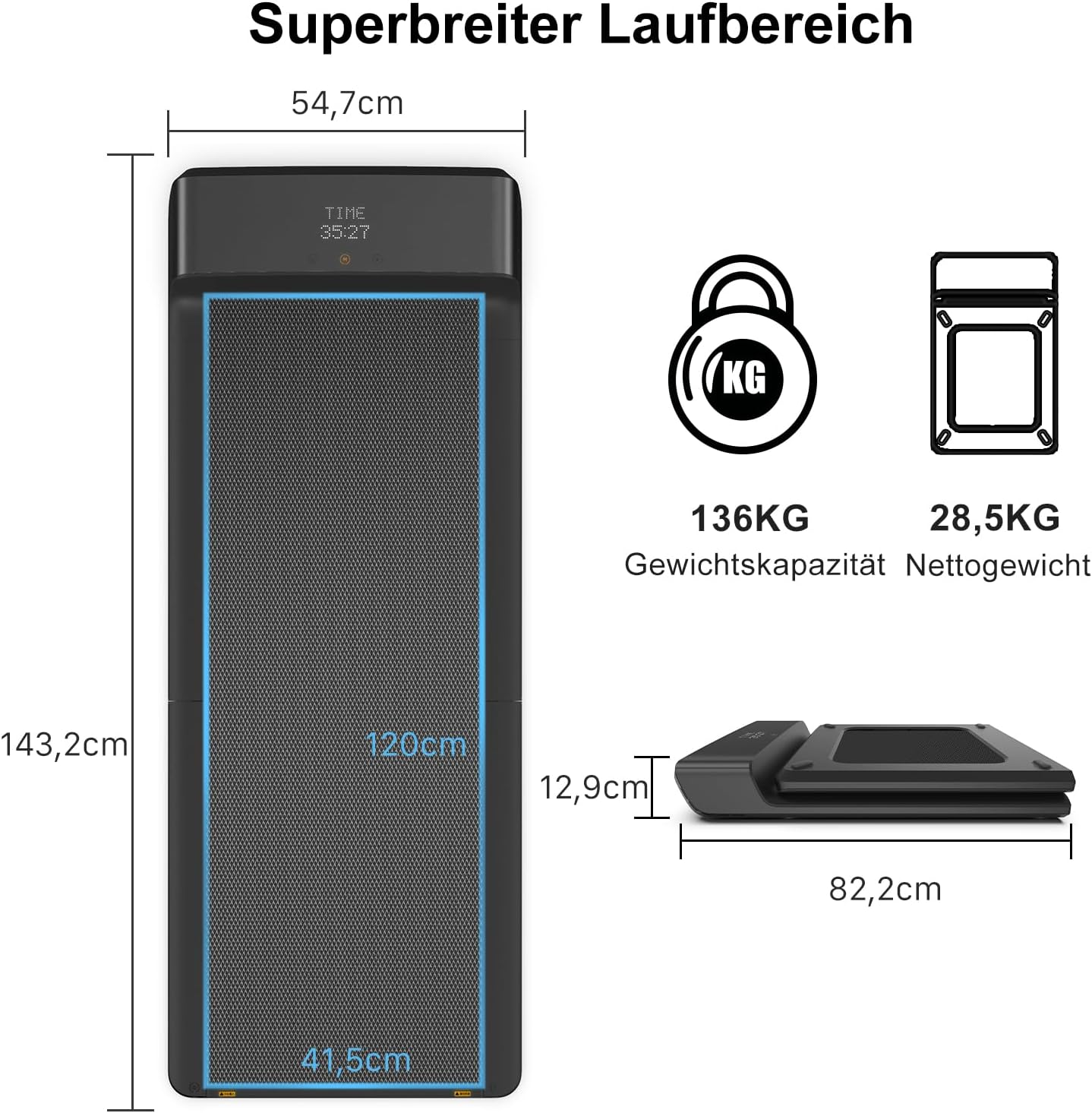 Schwarzes Laufband mit Maßen. Zeigt Zeit, Tragfähigkeit 136 kg, Nettogewicht 28,5 kg, Abmessungen. Superbreiter Laufbereich.