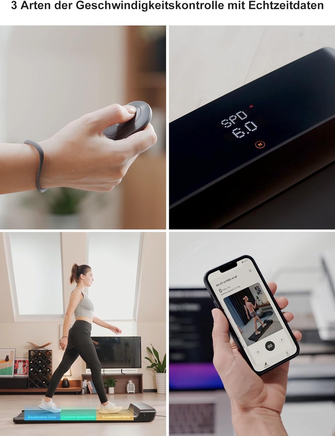 Das Bild zeigt Geschwindigkeitskontrollmethoden: Fernbedienung, Display und App. Frau auf Laufband, Telefon mit Trainings-App und Fernbedienung.