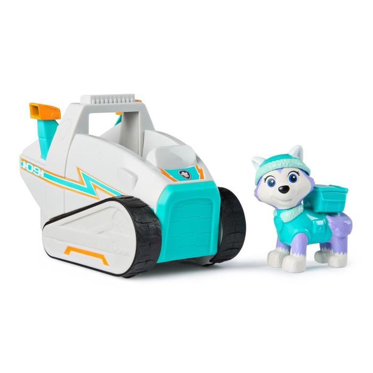 Ein weißes und türkisfarbenes Spielzeugfahrzeug mit einer Welpenfigur. Der Welpe ist lila und türkis. Sie stammen aus der Paw Patrol-Show.