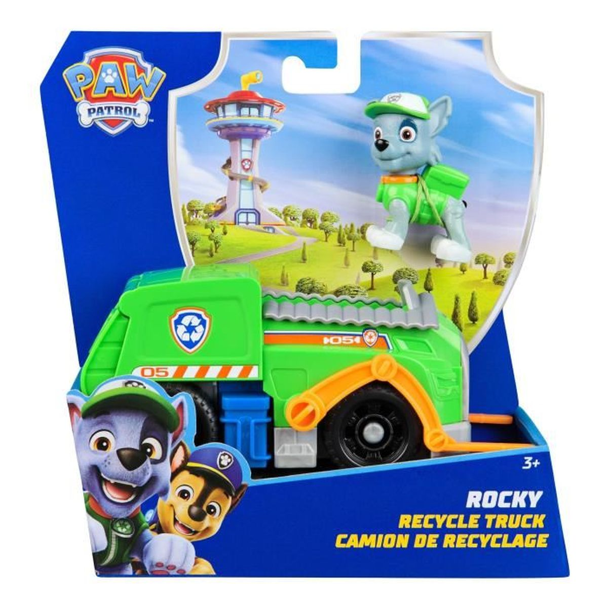 Ein Paw Patrol Rocky Recycling Truck Spielzeug. Es zeigt einen grünen Truck, Rocky-Figur, einen Aussichtsturm und andere Paw Patrol-Charaktere.
