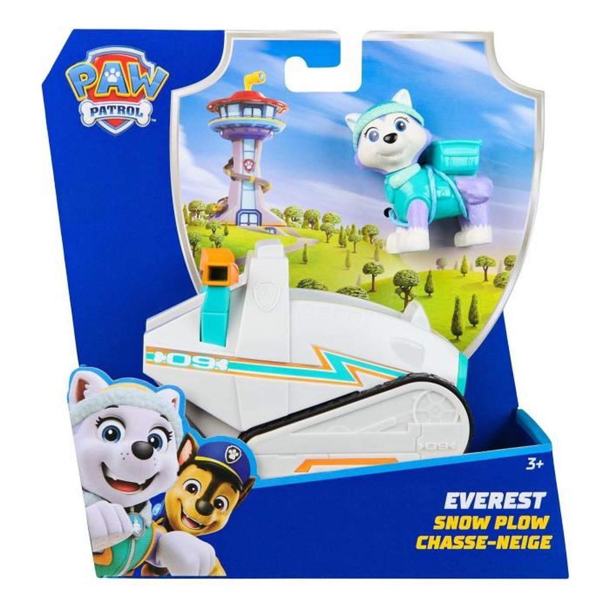Paw Patrol Everest Schneepflug-Spielzeug. Enthält Everest-Figur, Schneepflugfahrzeug und einen Turm im Hintergrund. Die Verpackung ist blau.