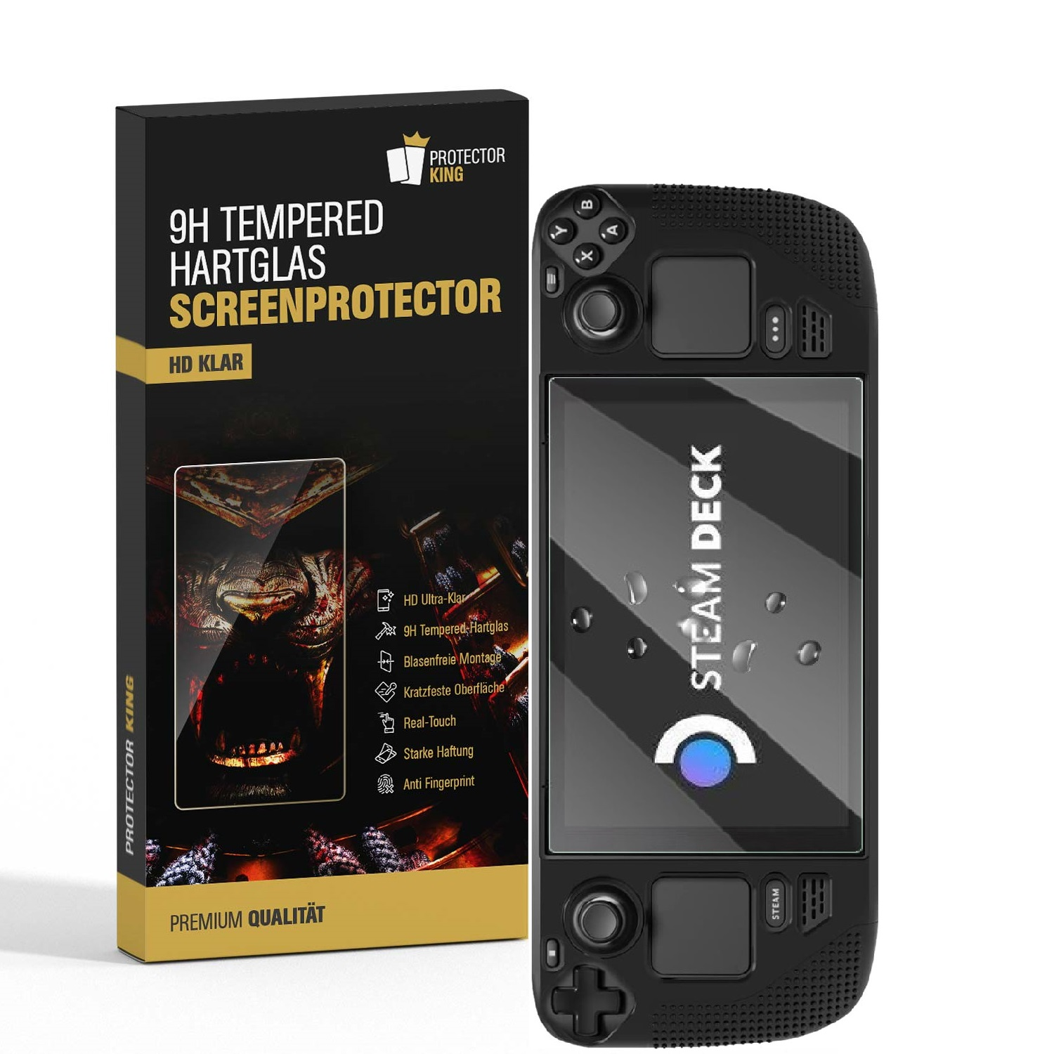 Ein Steam Deck mit einer Displayschutzfolienbox wird angezeigt. Auf der Box steht '9H Tempered Hartglas Screenprotector' und 'HD Klar'.