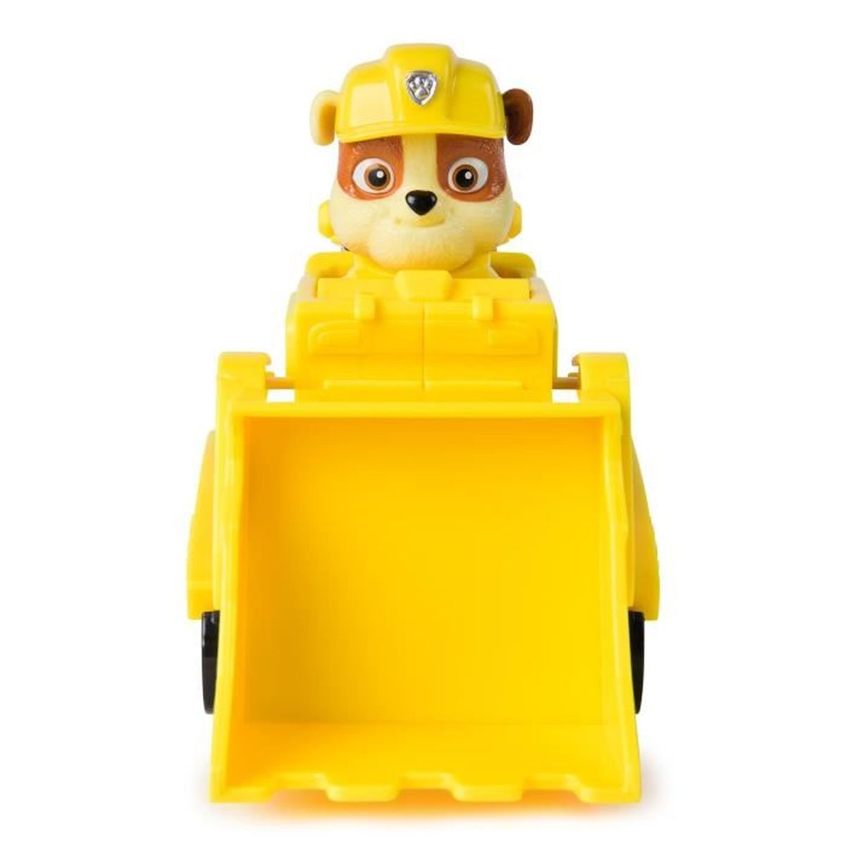 Ein gelber Spielzeugbagger mit einer Hundefigur oben drauf. Der Hund hat braune Ohren und einen gelben Helm. Die Schaufel ist vorn.