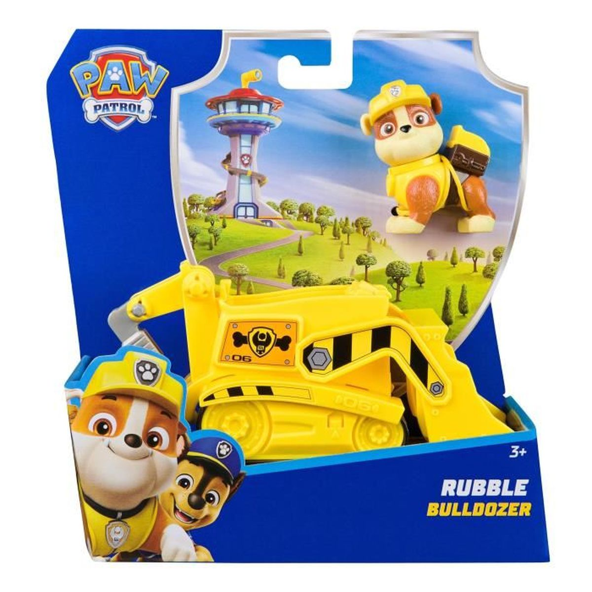 Ein Paw Patrol Rubble Bulldozer Spielzeugset. Enthält einen gelben Bulldozer, eine Rubble-Figur und den Adventure Bay-Turm im Hintergrund.