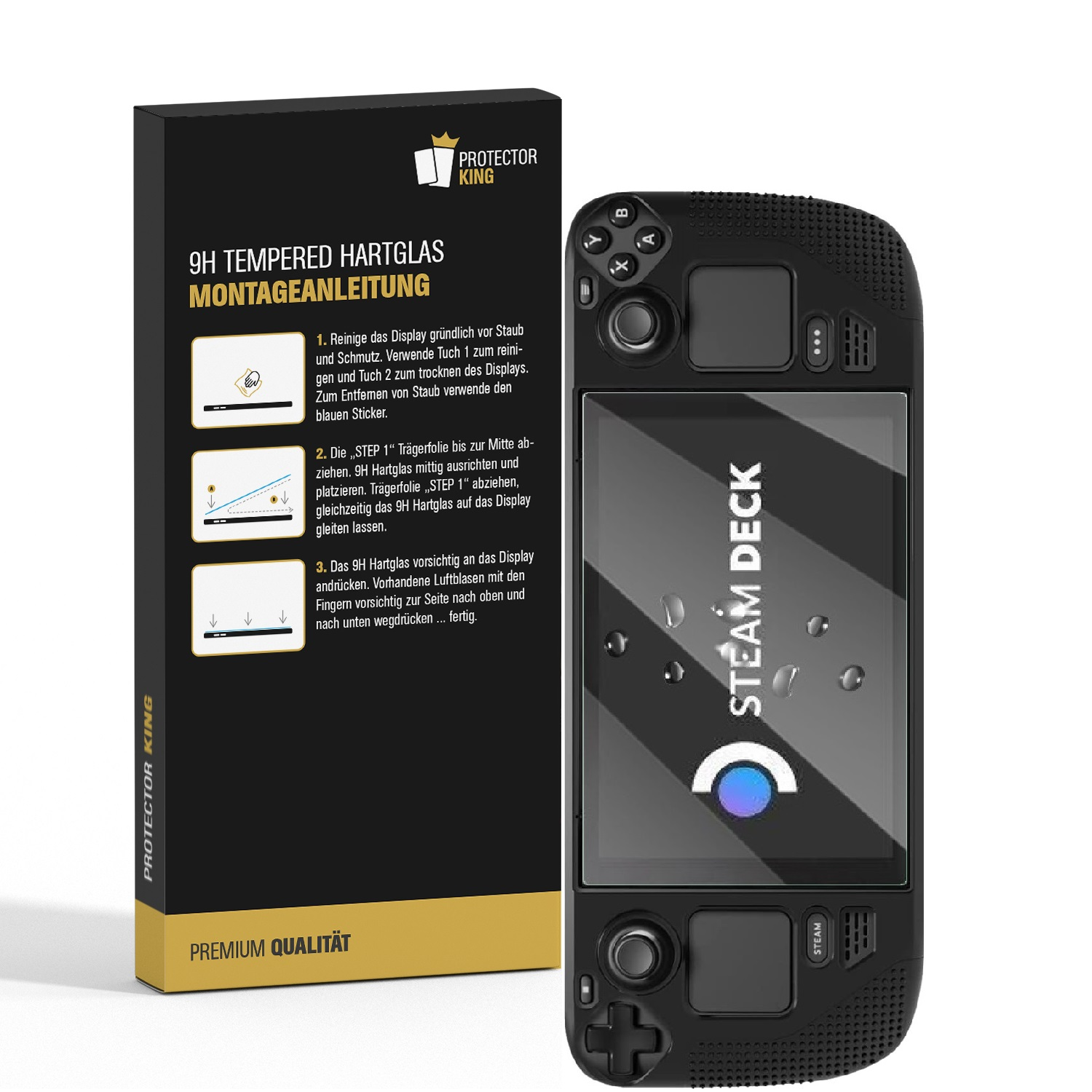 Eine schwarze Steam Deck-Handheld-Konsole neben einer schwarzen Schachtel mit Anweisungen. Die Schachtel ist ein Displayschutz.