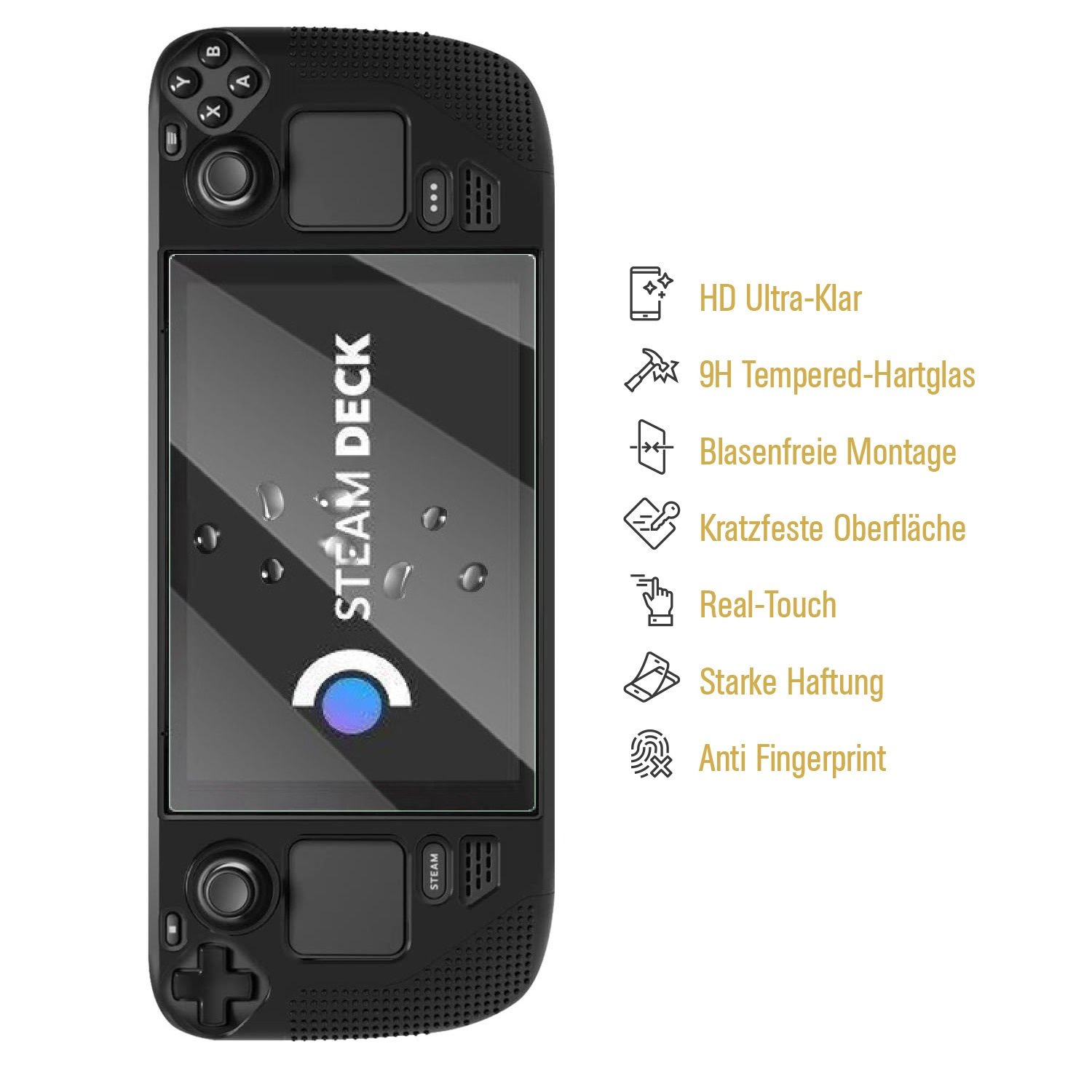 Schwarzes Steam Deck mit Displayschutz, zeigt HD-Klarheit, gehärtetes Glas, blasenfreie Installation und Anti-Fingerprint-Funktionen.