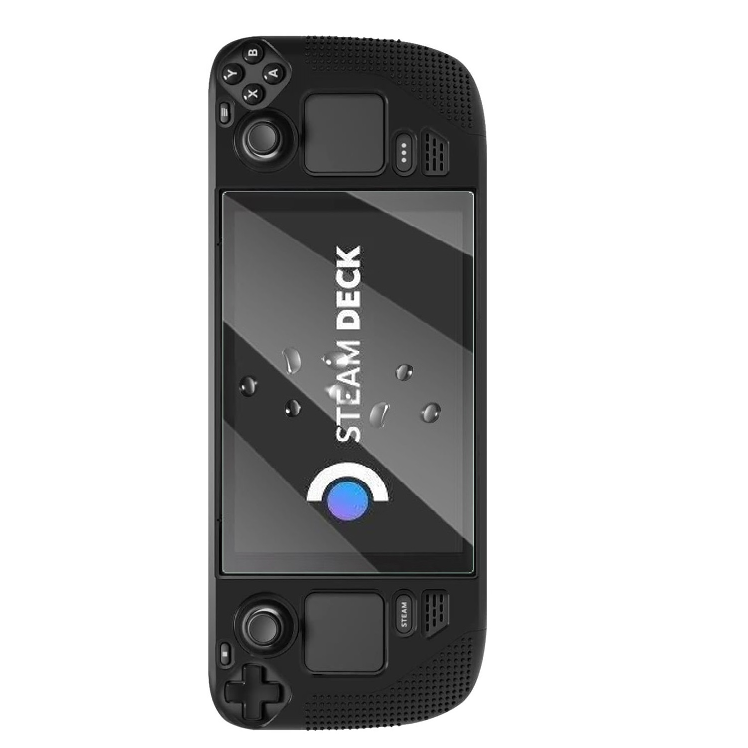 Schwarze Steam Deck Handheld-Spielkonsole. Der Bildschirm zeigt das Steam Deck-Logo und Wassertropfen. Tasten und Bedienelemente sind sichtbar.