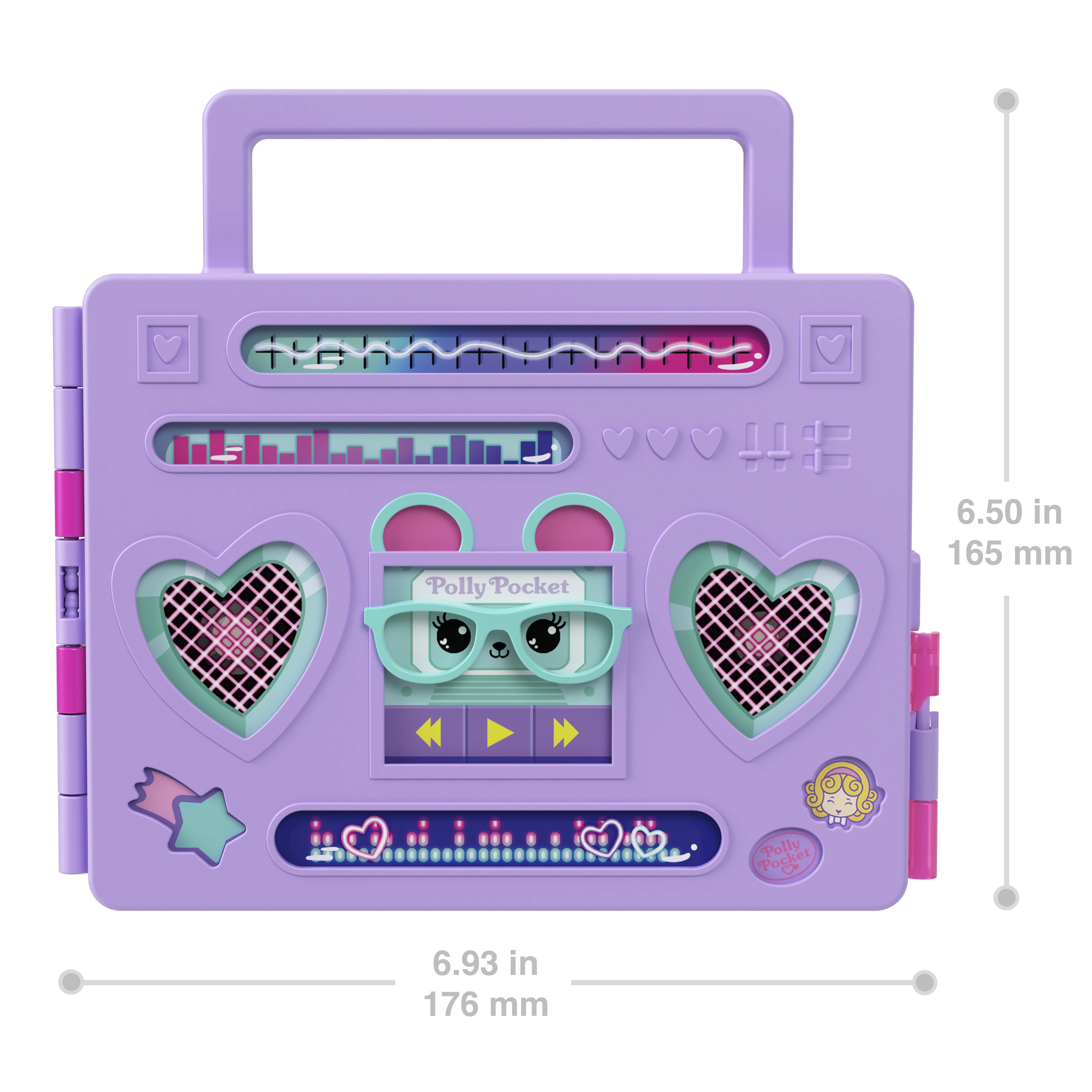 Ein lilafarbenes Polly Pocket Radio-Spielzeug mit Herzen, einem Griff und einem Bildschirm mit einem Cartoon-Gesicht mit Brille.