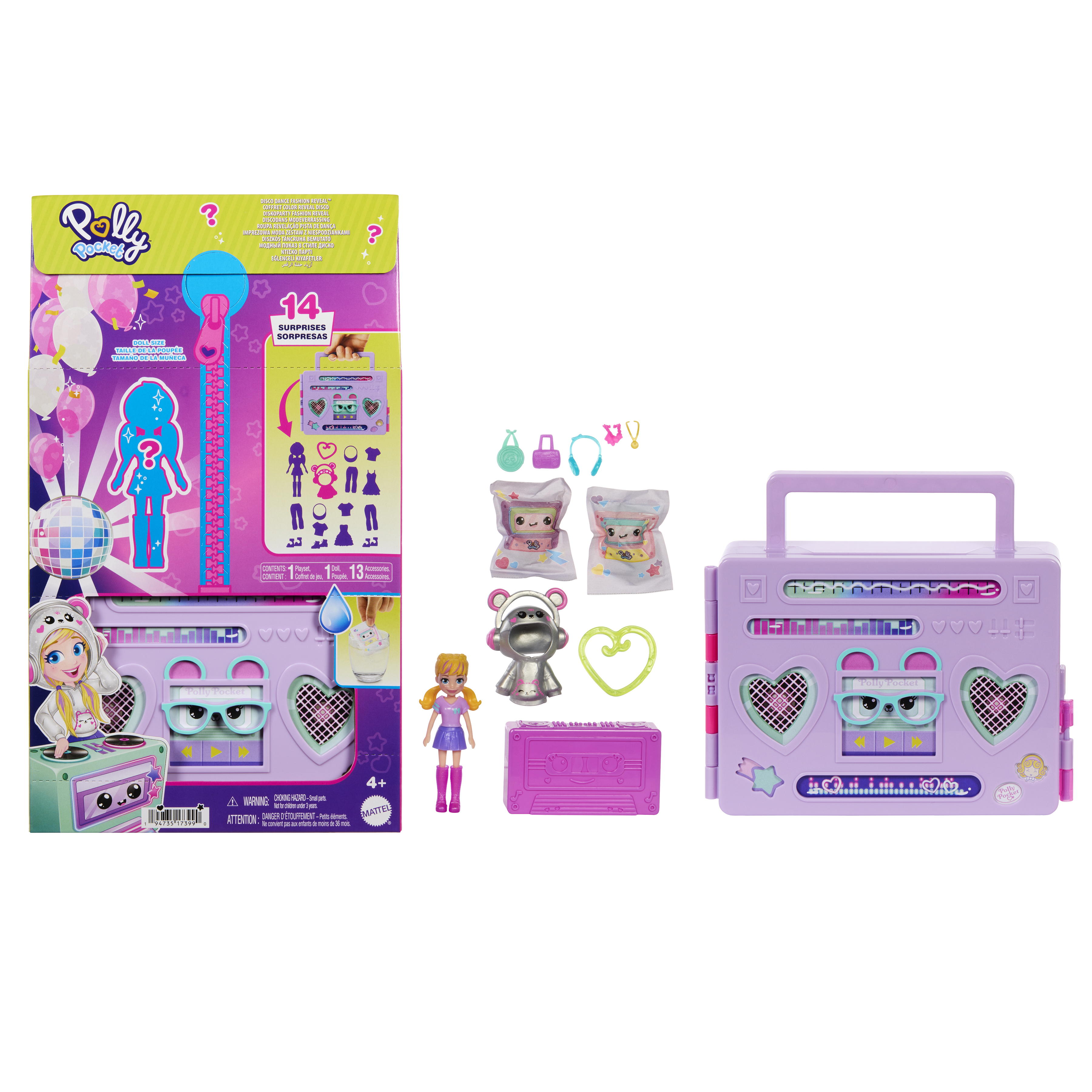 Polly Pocket Spielset-Box mit Zubehör. Enthält eine Puppe und eine lila Boombox. Mehrere kleine Spielzeug-Accessoires.