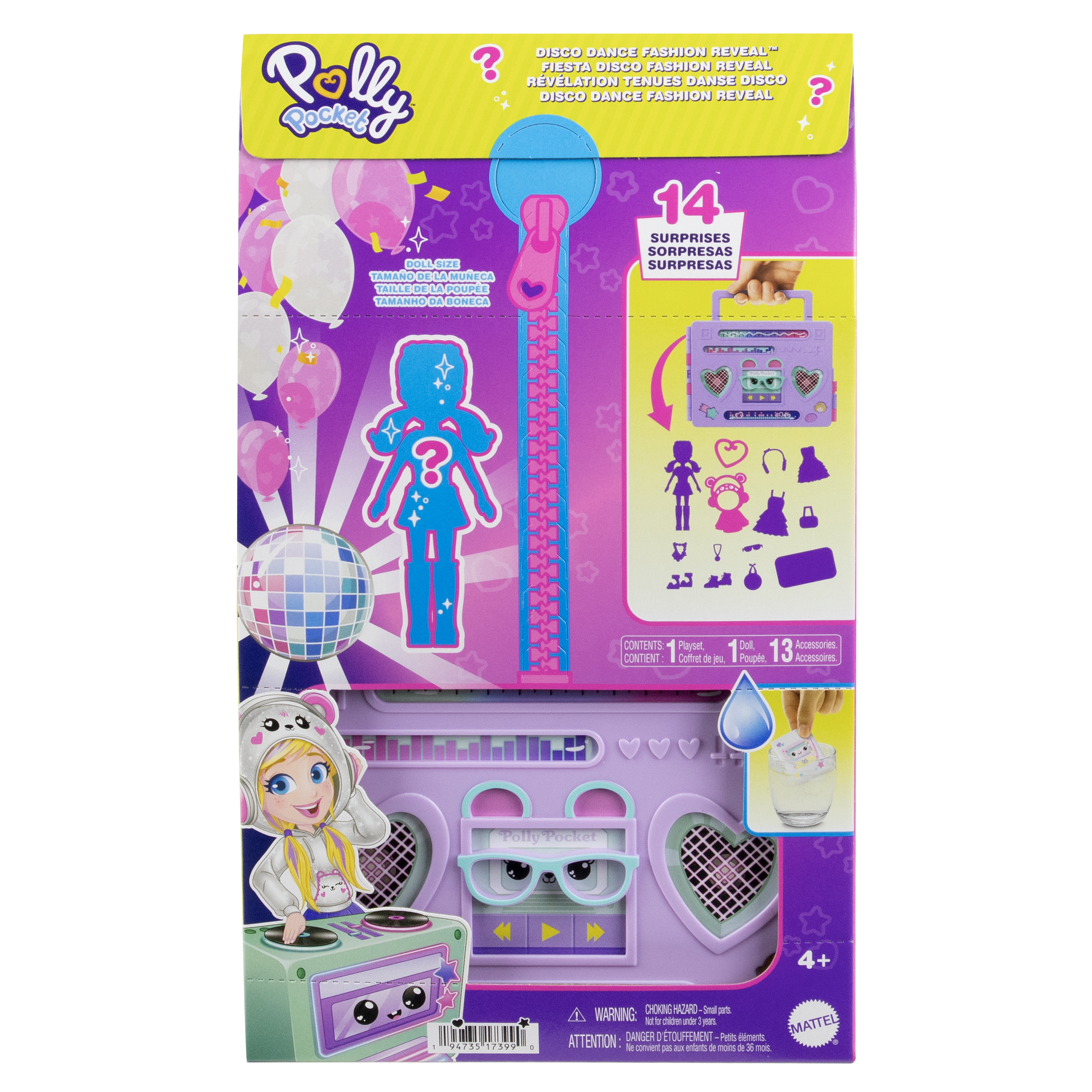 Polly Pocket Disco Dance Fashion Reveal Box. Enthält eine Puppe, eine Discokugel und Accessoires in Lila und Pink.