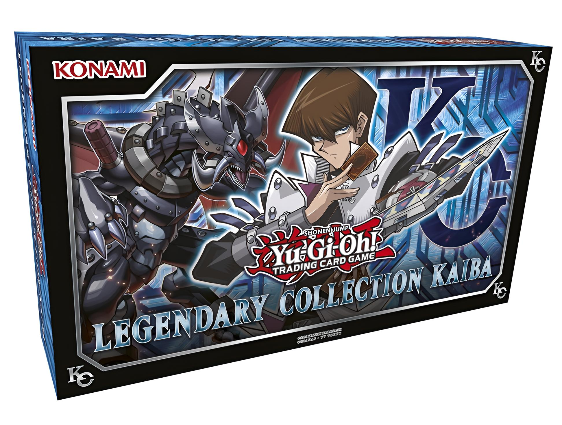 Eine Yu-Gi-Oh! Legendary Collection Kaiba Box. Sie zeigt ein Artwork eines Charakters mit Karte und einen mechanischen Drachen.