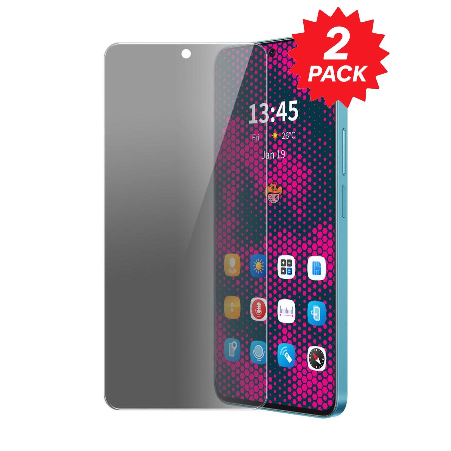 Uno smartphone con protezione schermo, che mostra l'ora e le icone. Un adesivo rosso '2 PACK' è in alto a destra.