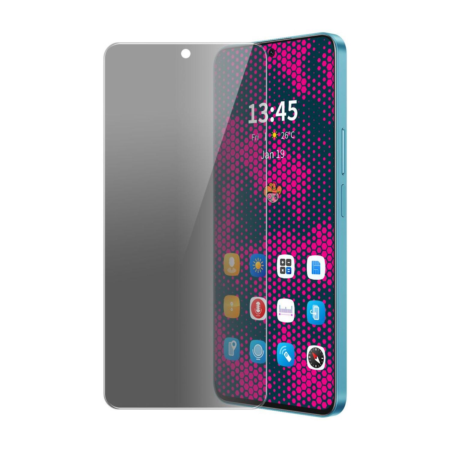 Uno smartphone con protezione schermo, che mostra ora, data e icone delle app. Il telefono ha un motivo rosa e nero e una cornice blu.