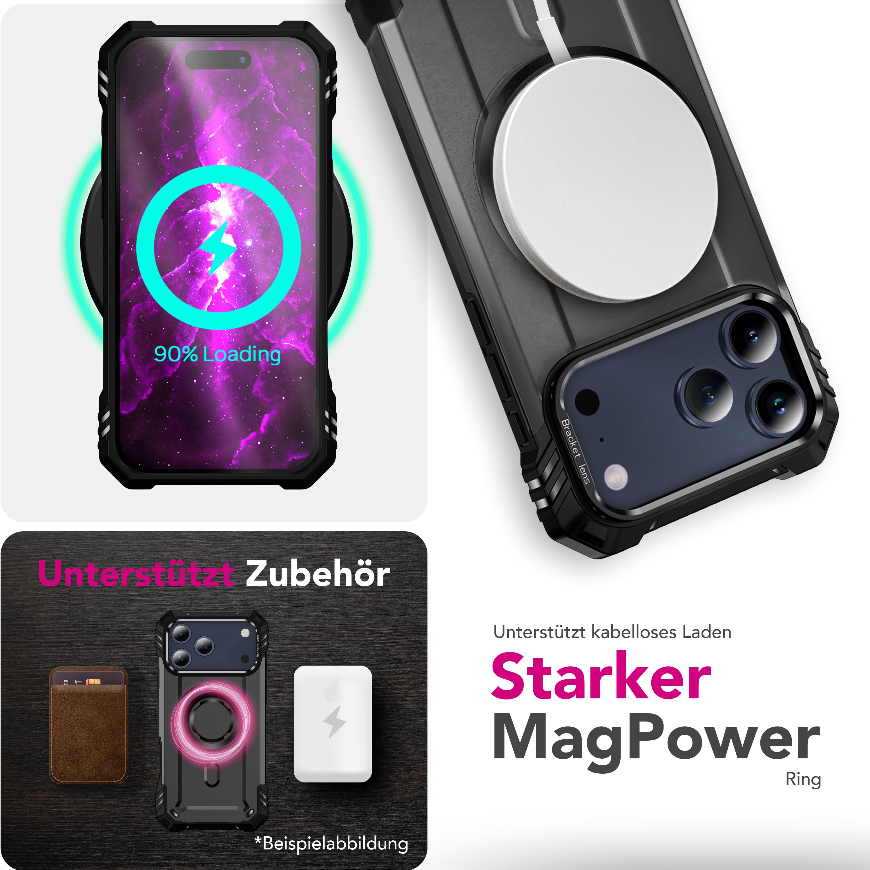 L'immagine mostra un telefono in carica. Sotto, sono visualizzati accessori: un porta carte, una custodia per telefono e un power bank.