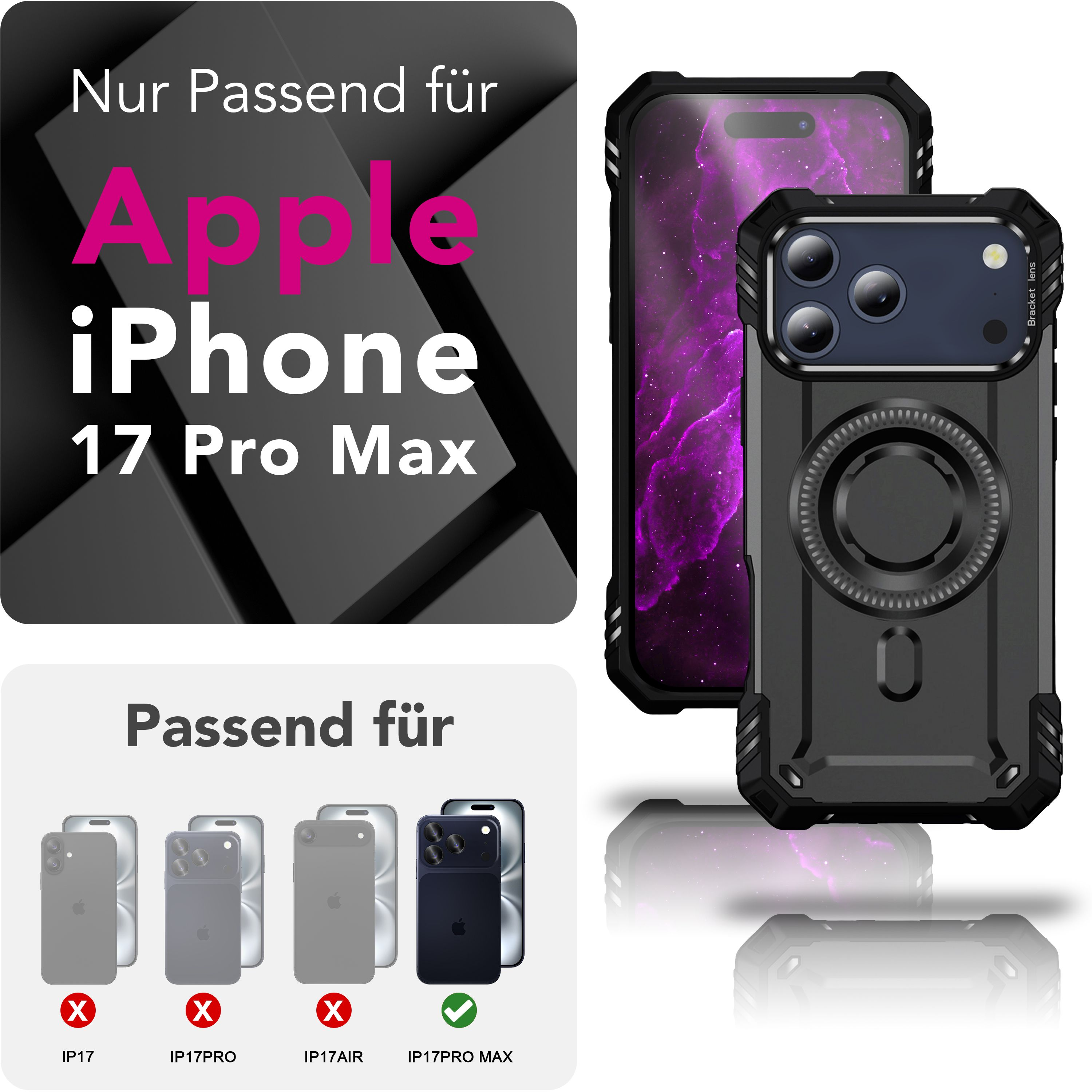 Un'immagine di una custodia per telefono e di un telefono con le parole Apple iPhone 17 Pro Max. Mostra a quali telefoni si adatta.