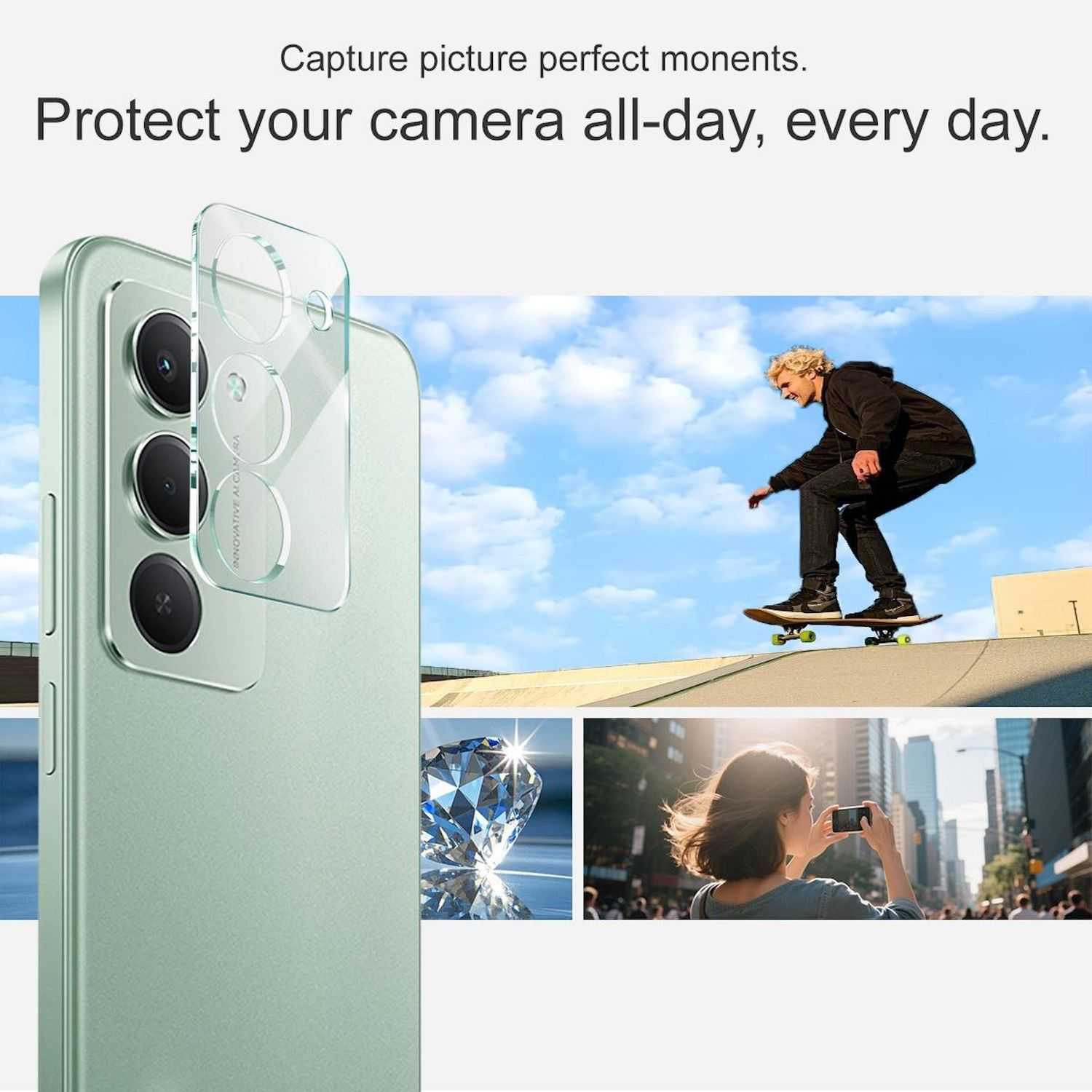 Ein Telefon mit Kameraschutzfolie vorne. Ein Skateboarder ist auf einer Rampe, und zwei weitere Bilder werden gezeigt. Text lautet Schützen Sie Ihre Kamera.