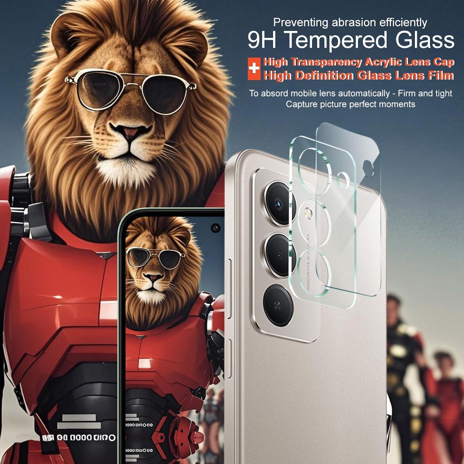 Ein Löwe mit Sonnenbrille in einem Roboteranzug, Telefon mit Linsenschutz. Text: 9H Tempered Glass, High Definition Lens Film.