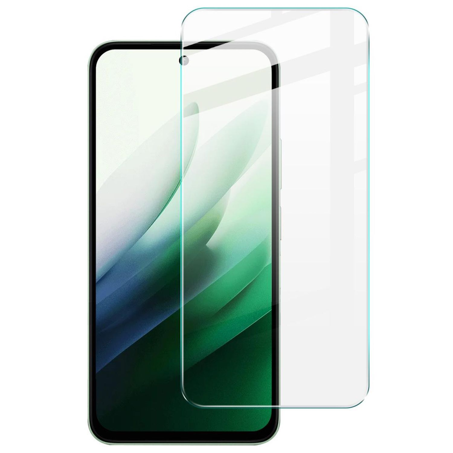 Uno smartphone con protezione schermo. Lo schermo mostra vortici verdi e bianchi. La protezione è trasparente.