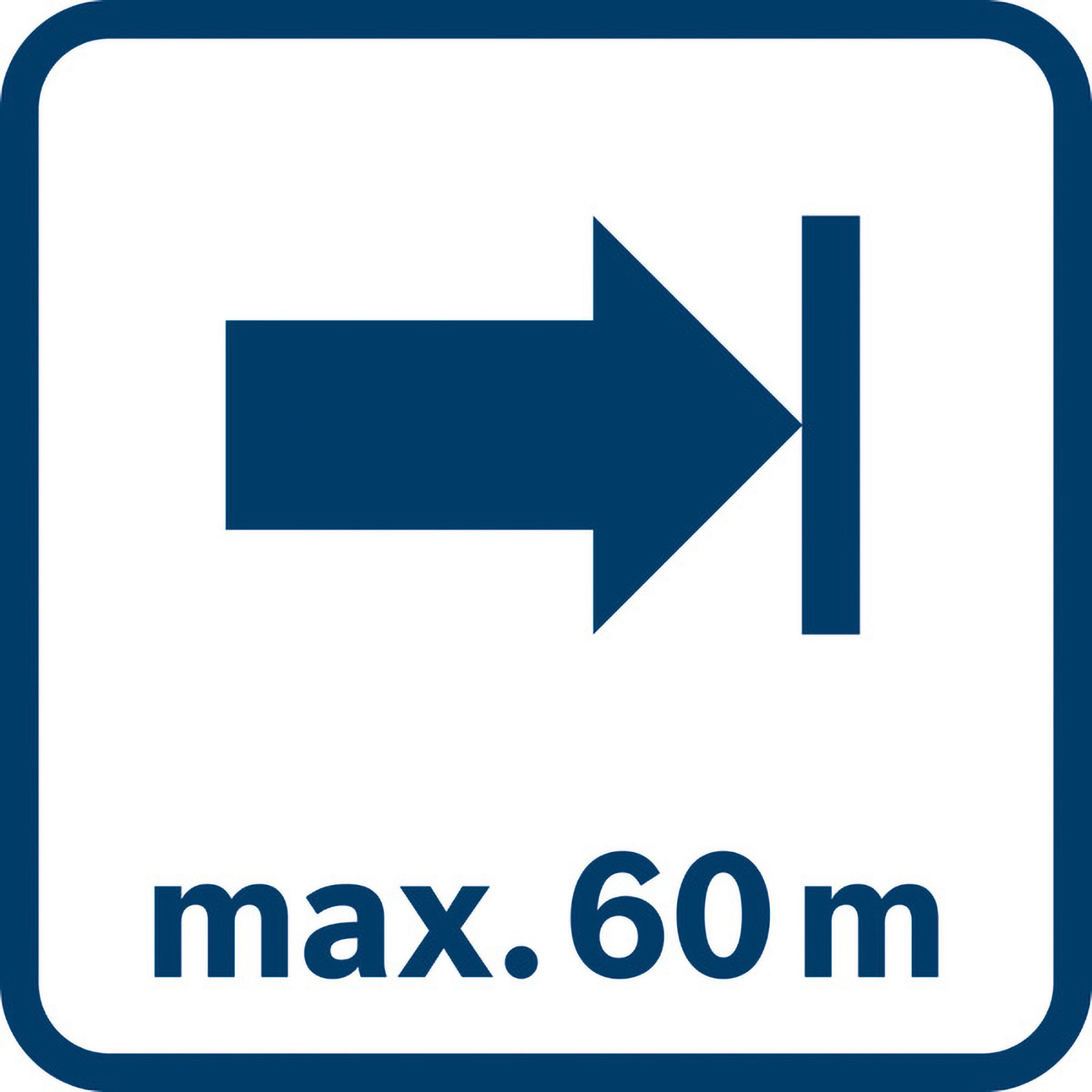 Mavi ve beyaz tabela. Sağa ok, dikey çizgi ve metin: max. 60 m.