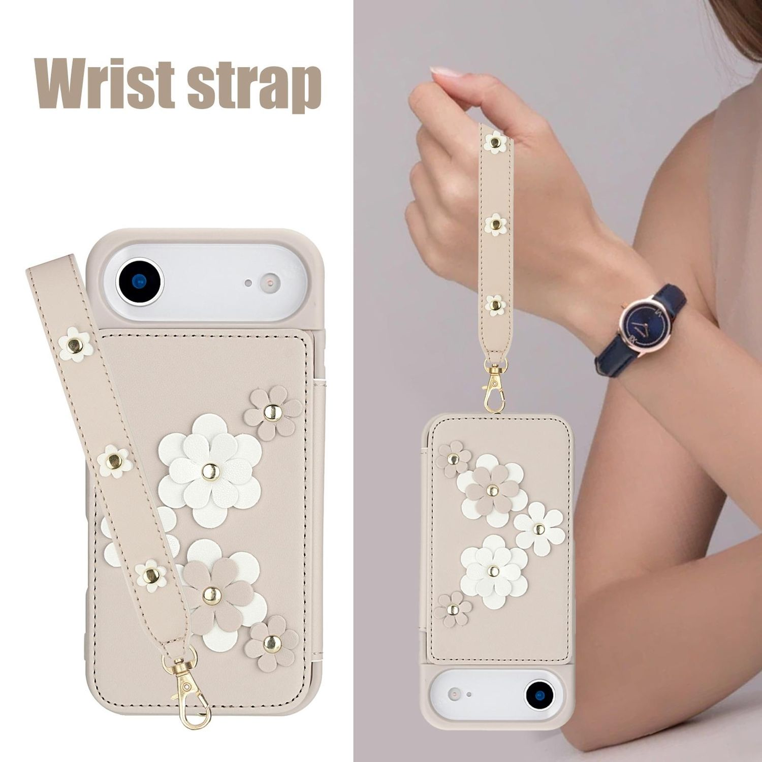 Beige Handyhülle mit Handschlaufe, verziert mit weißen und beigen Blumen. Eine Frau trägt eine Uhr und hält die Schlaufe.
