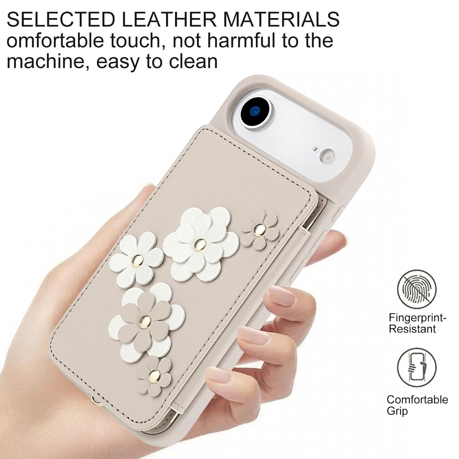 Eine Hand hält eine Handyhülle mit Blumenakzenten. Die Hülle ist beige mit weißen Blumen. Merkmale sind Fingerabdruckresistenz und komfortabler Griff.