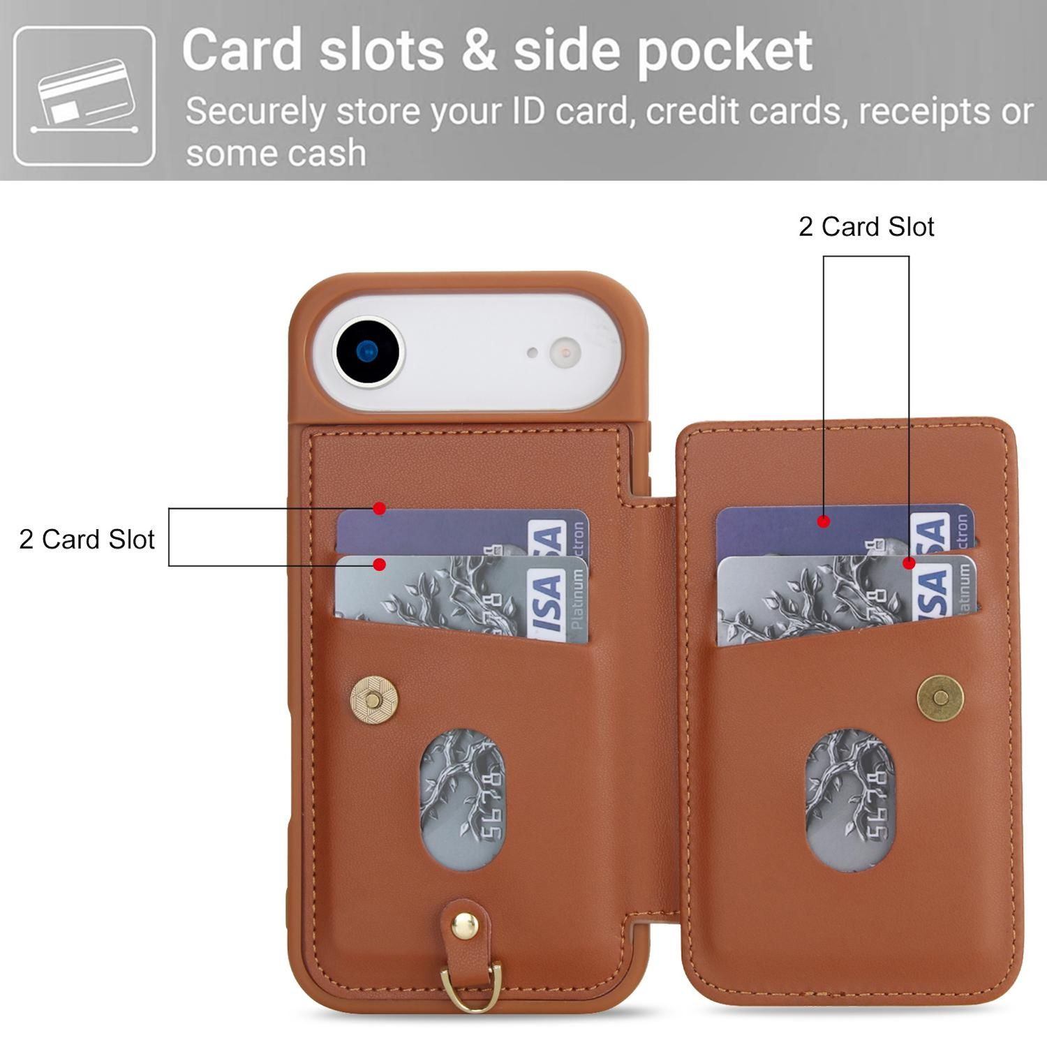 Una funda de teléfono marrón con ranuras para tarjetas. Dos tarjetas de crédito son visibles en las ranuras. El texto indica ranuras para tarjetas y bolsillo lateral.