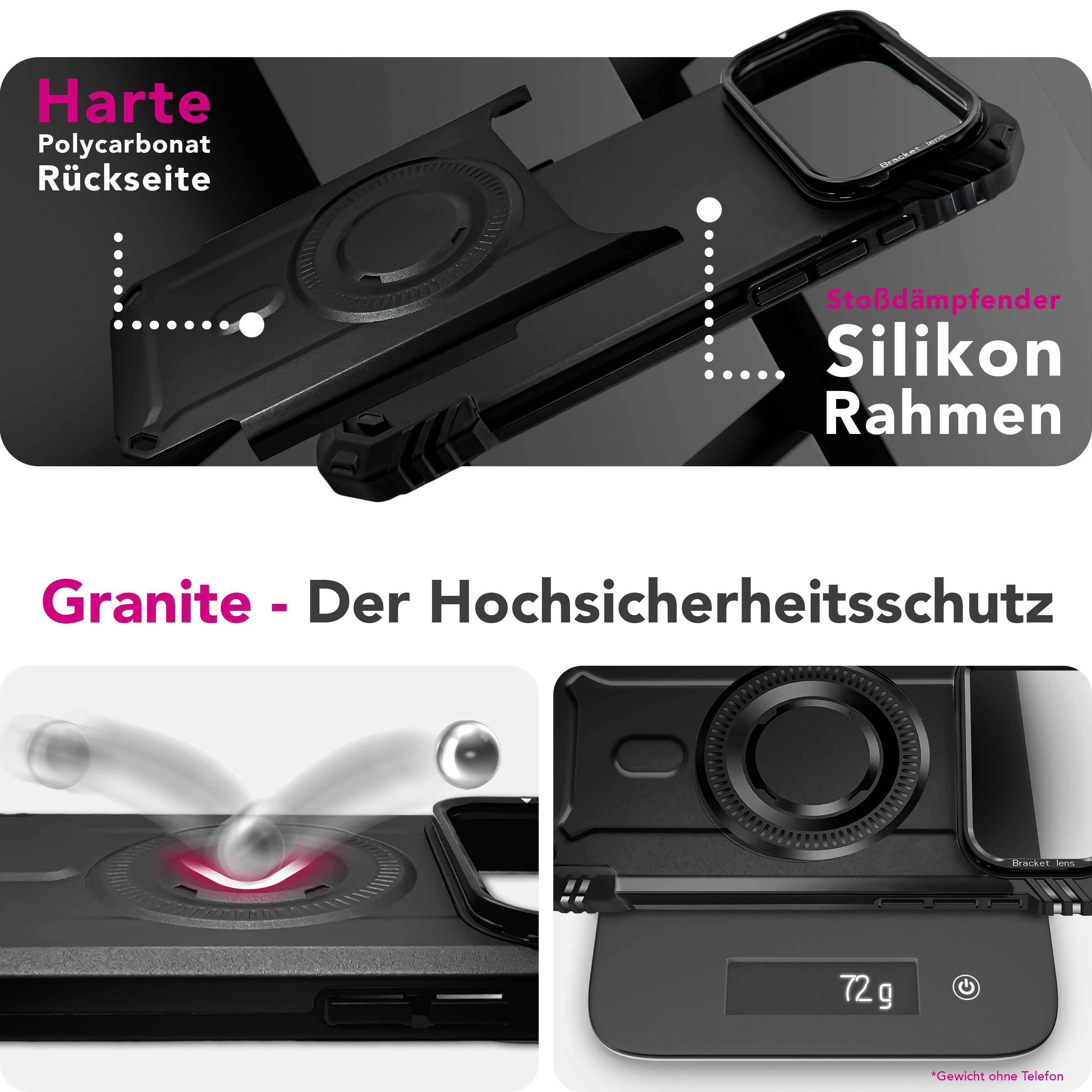 Das Bild zeigt eine schwarze Handyhülle mit Text auf Deutsch. Es hebt die Polycarbonat-Rückseite und den Silikonrahmen hervor und zeigt auch das Gewicht.