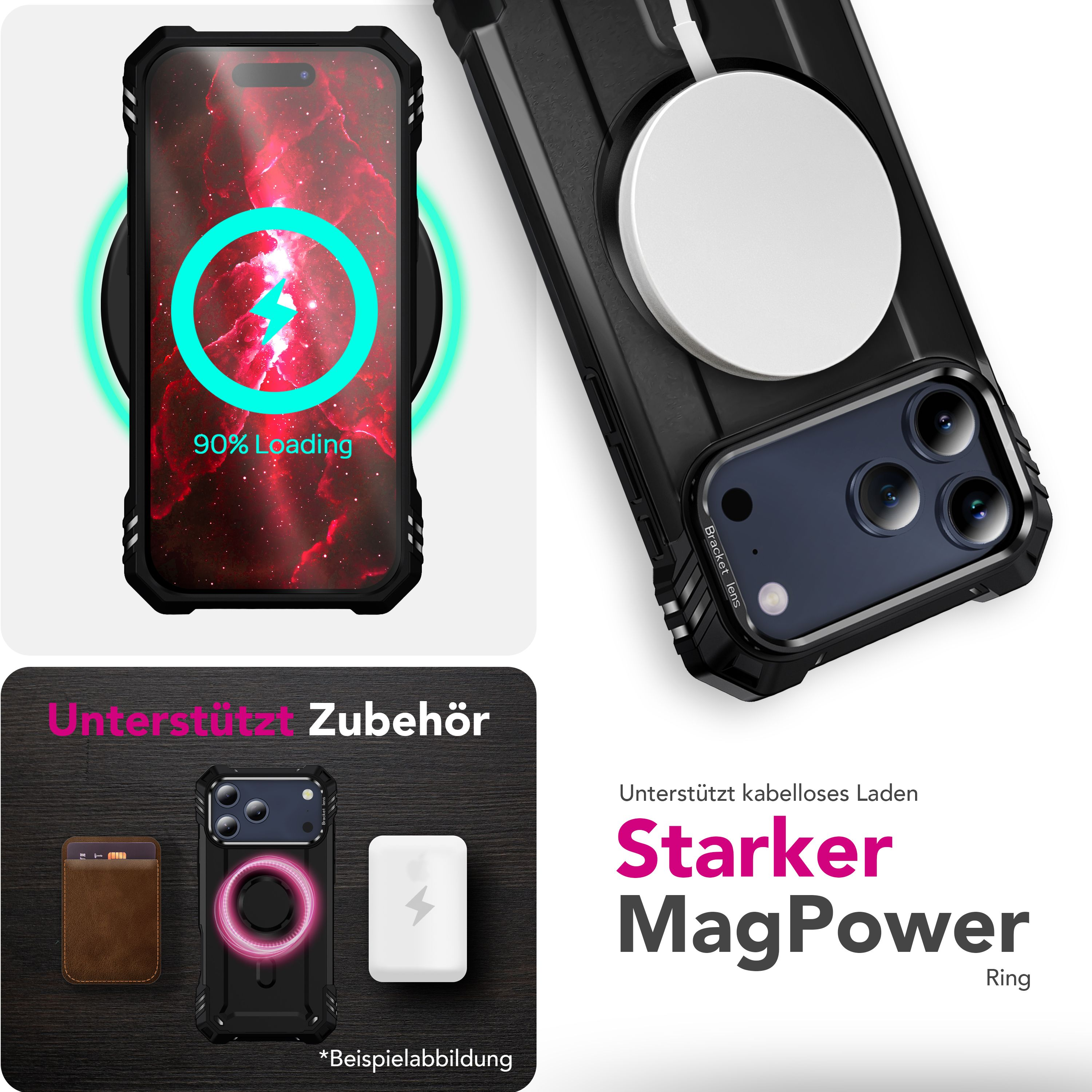 Das Bild zeigt ein Telefon, das kabellos mit einem Blitzsymbol und einer Ladeanzeige von 90 % geladen wird. Außerdem MagPower Ring Zubehör.