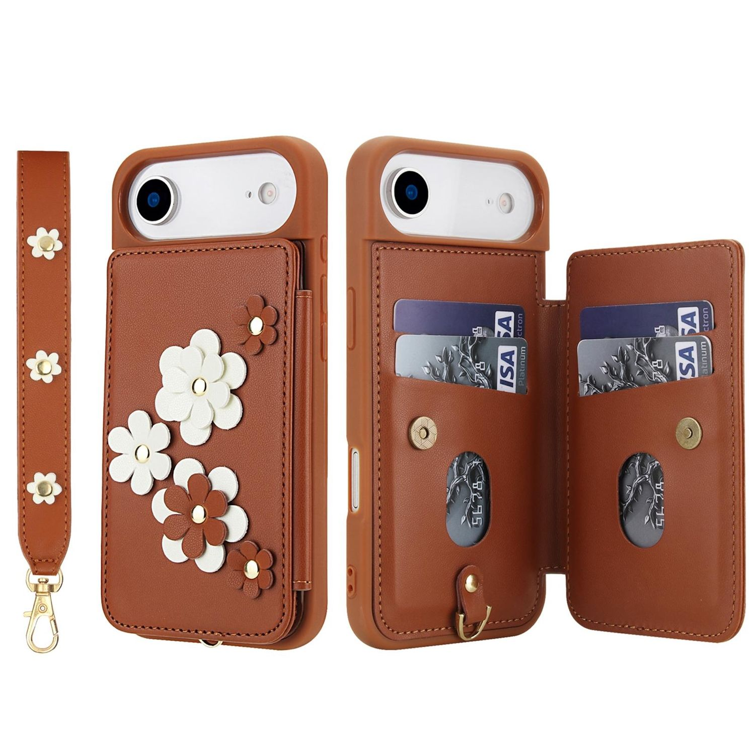 Una funda de teléfono marrón con detalles de flores blancas y una correa. La funda se abre para revelar tarjetas de crédito. Tiene un cierre dorado.