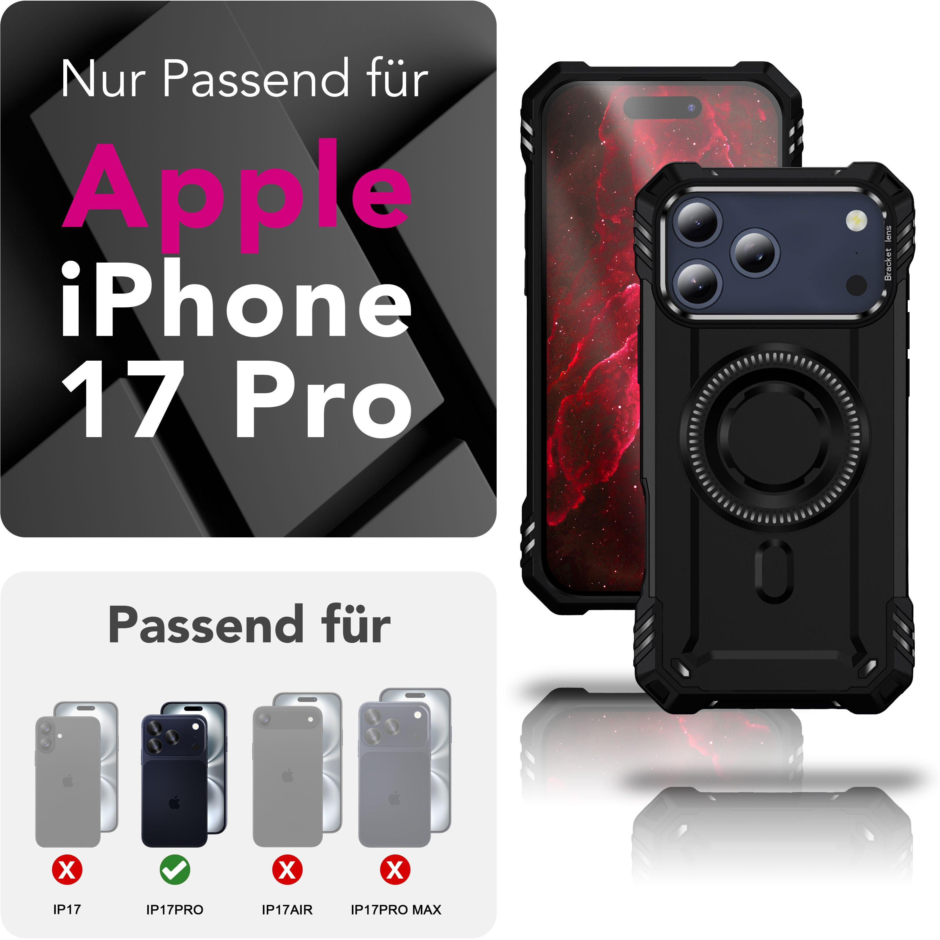 Bild zeigt eine Handyhülle mit einem iPhone, Text 'iPhone 17 Pro' und Kompatibilitäts-Icons.