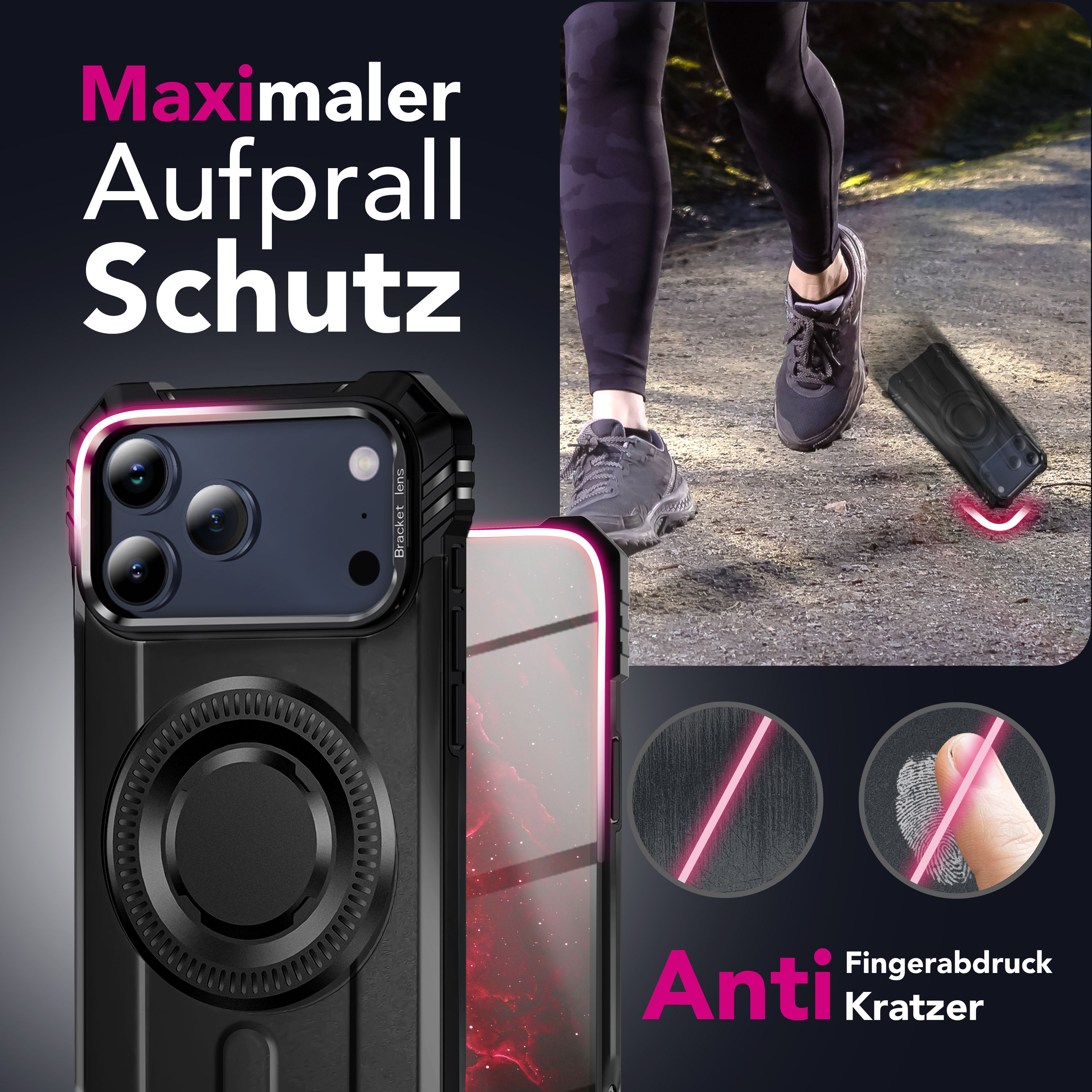 Das Bild zeigt eine Handyhülle, eine laufende Person und Text. Die Hülle ist schwarz mit rosa Umrandung. Die Person trägt Leggings.