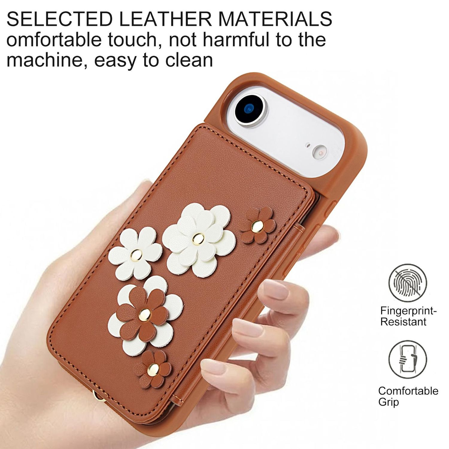 Funda de teléfono de cuero marrón con diseño floral blanco y marrón, sostenida por una mano. Texto: Resistente a huellas dactilares, agarre cómodo.