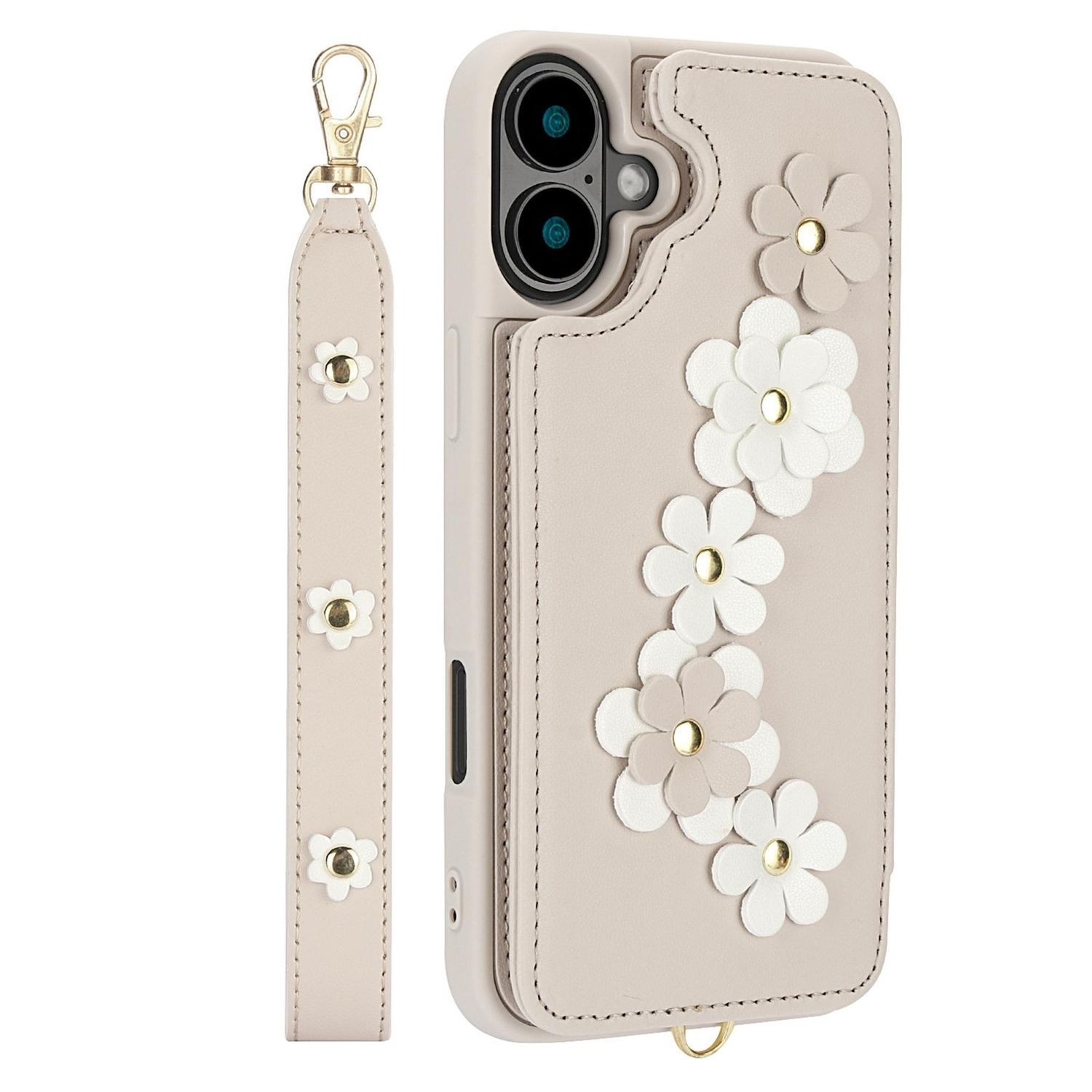 Eine beige Handyhülle mit Riemen, verziert mit weißen und beigen Blumen. Der Riemen hat goldene Beschläge und Blumendetails.