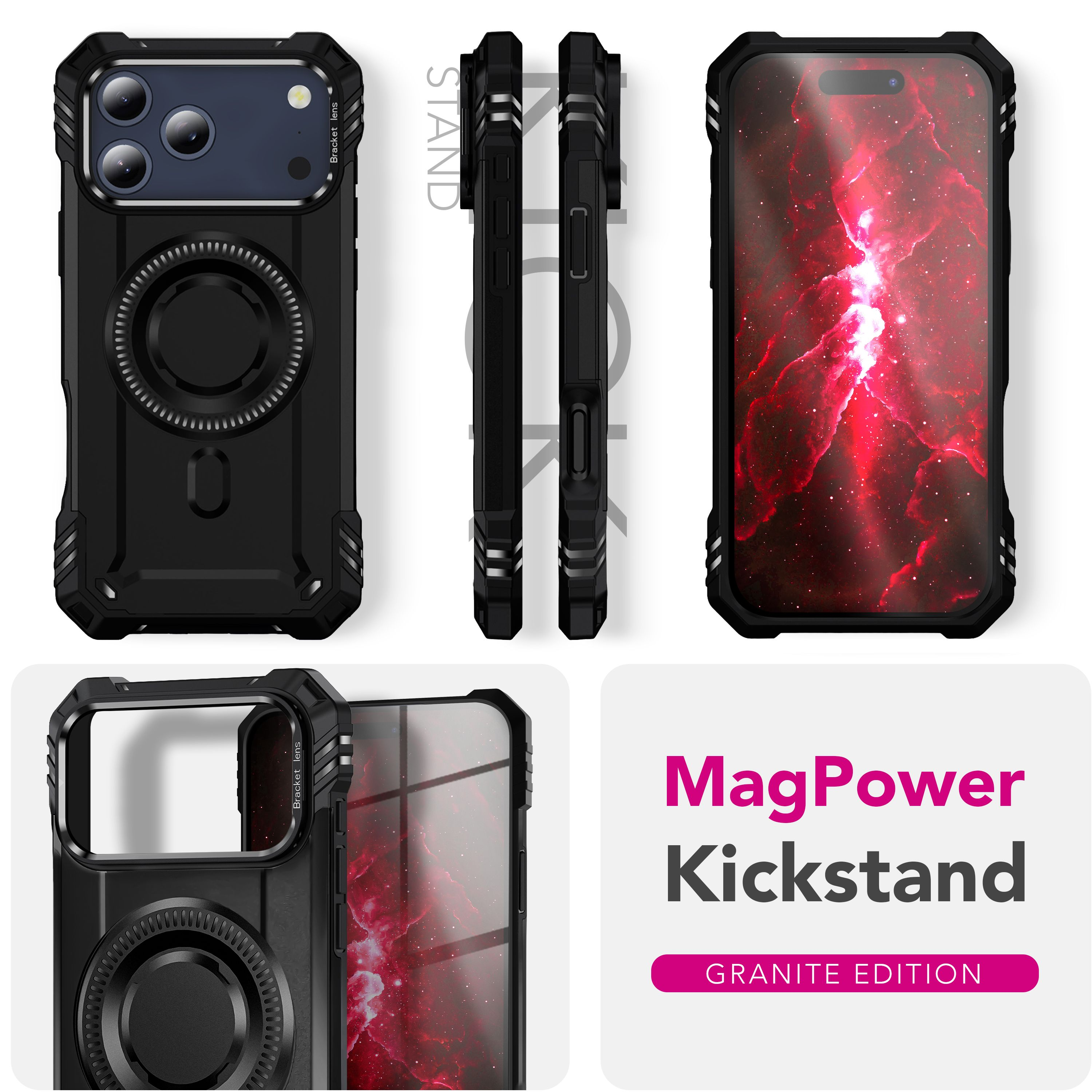 Schwarze Handyhülle mit Ständer. Der Bildschirm zeigt einen roten Nebel. Text: 'MagPower Kickstand, Granite Edition'.