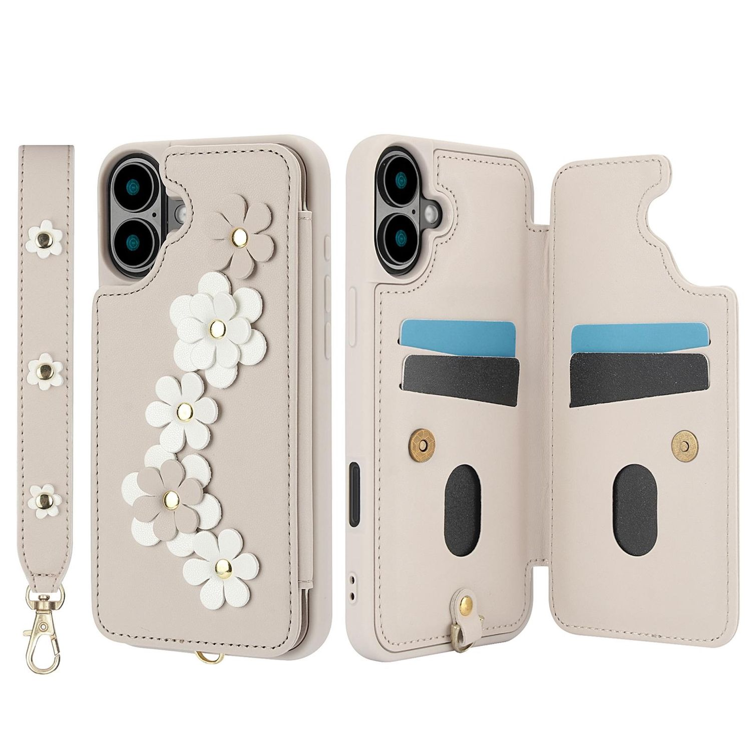 Beige Handyhülle mit Gänseblümchen-Akzenten und Riemen, geöffnet mit Kartenfächern. Die Hülle hat einen goldenen Verschluss und weißen Hintergrund.
