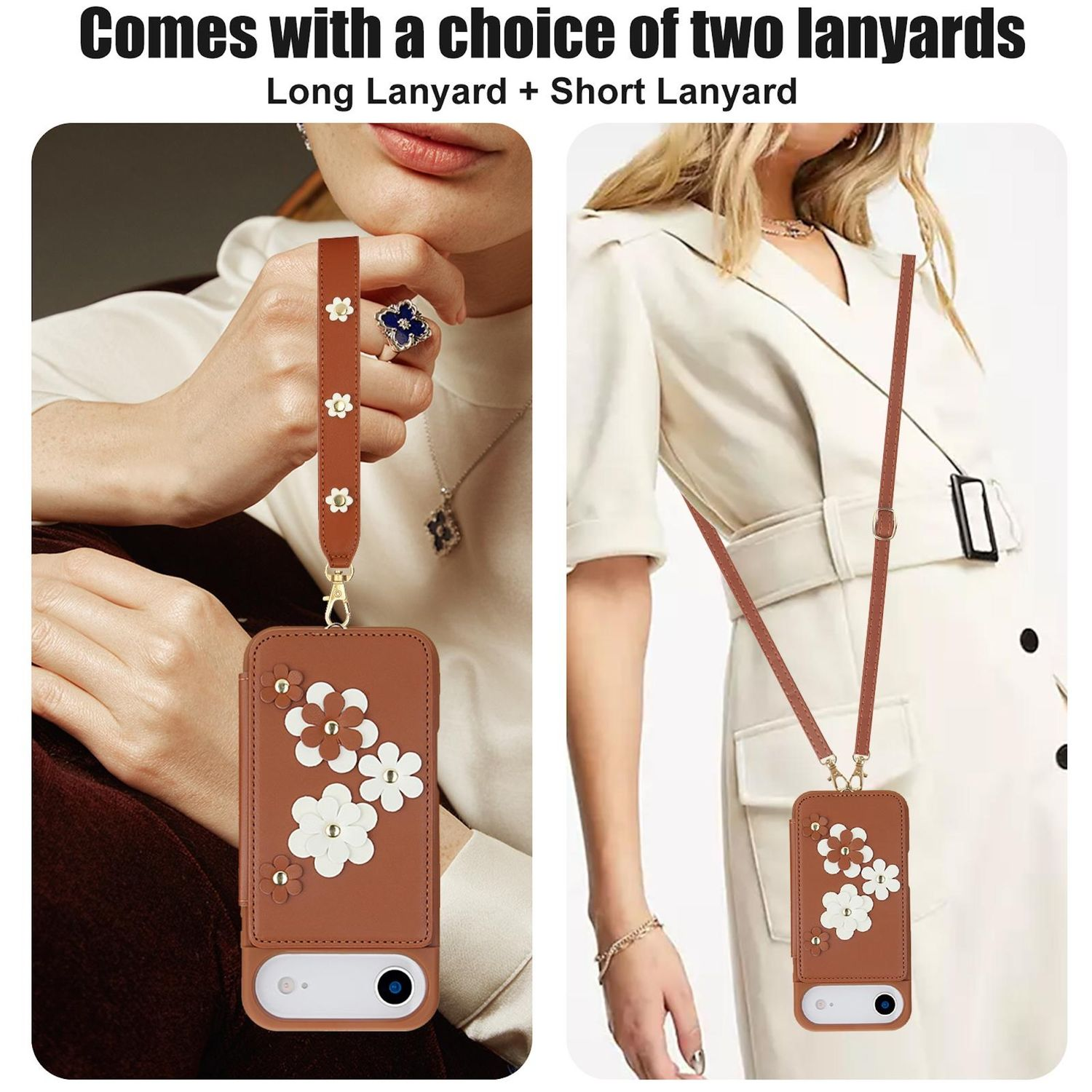 Dos mujeres muestran fundas para teléfonos con diseños florales y cordones. Una tiene un cordón corto, la otra largo, ambos marrones.