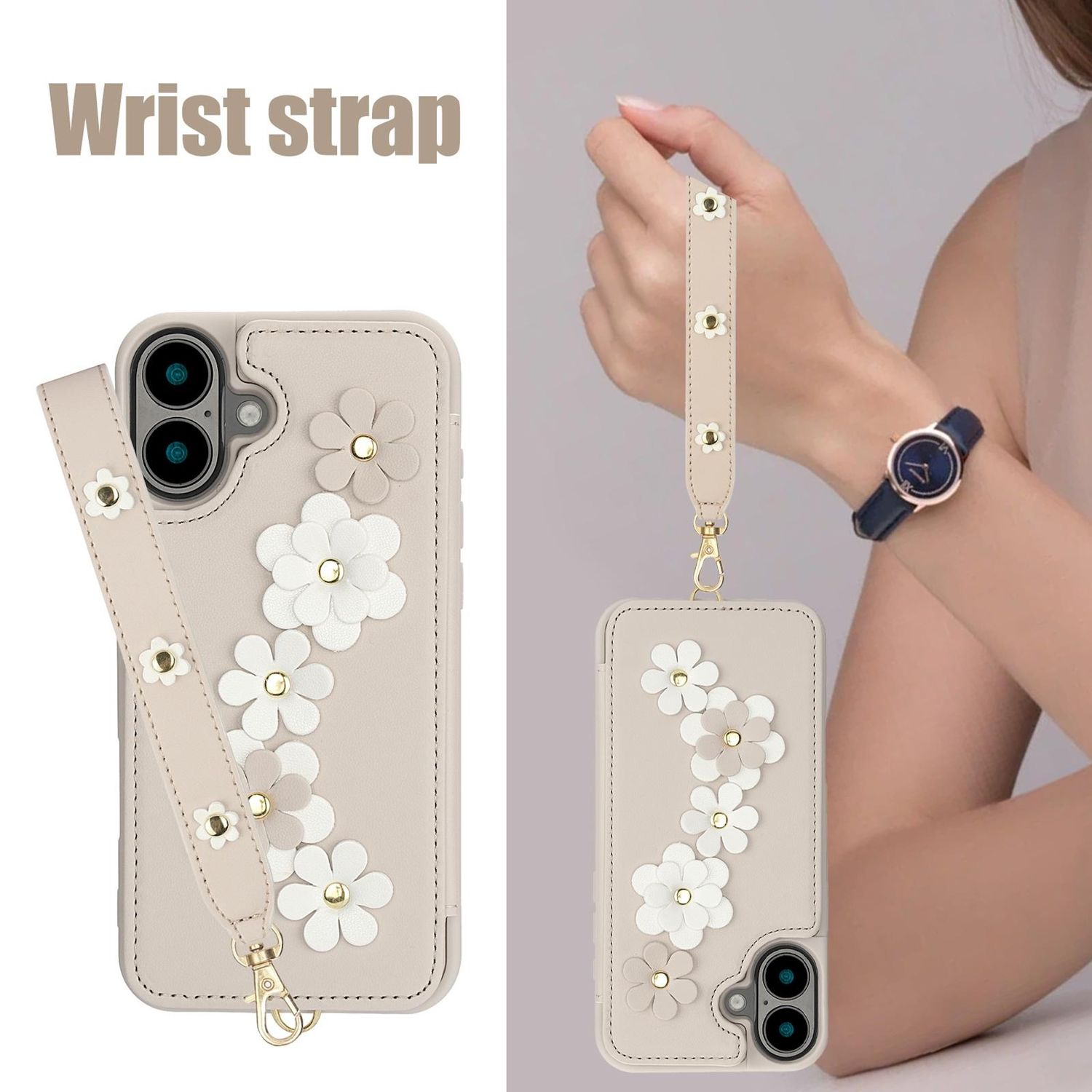 Beige Handyhülle mit weißen und beigen Blumenakzenten und passender Handschlaufe. Eine Frau trägt eine Uhr mit blauem Armband.