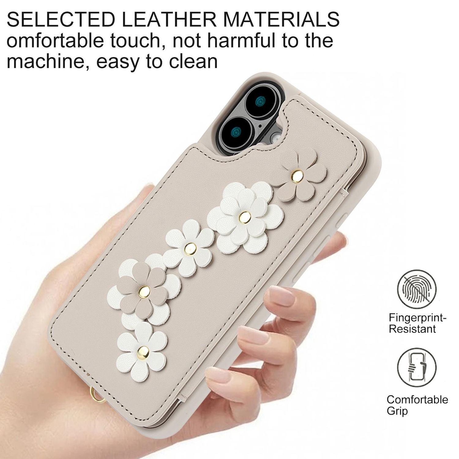 Ein Handycase wird von einer Hand gehalten. Es ist beige und mit weißen und beigen Blumen verziert. Das Case ist fingerabdruckresistent und hat einen bequemen Griff.
