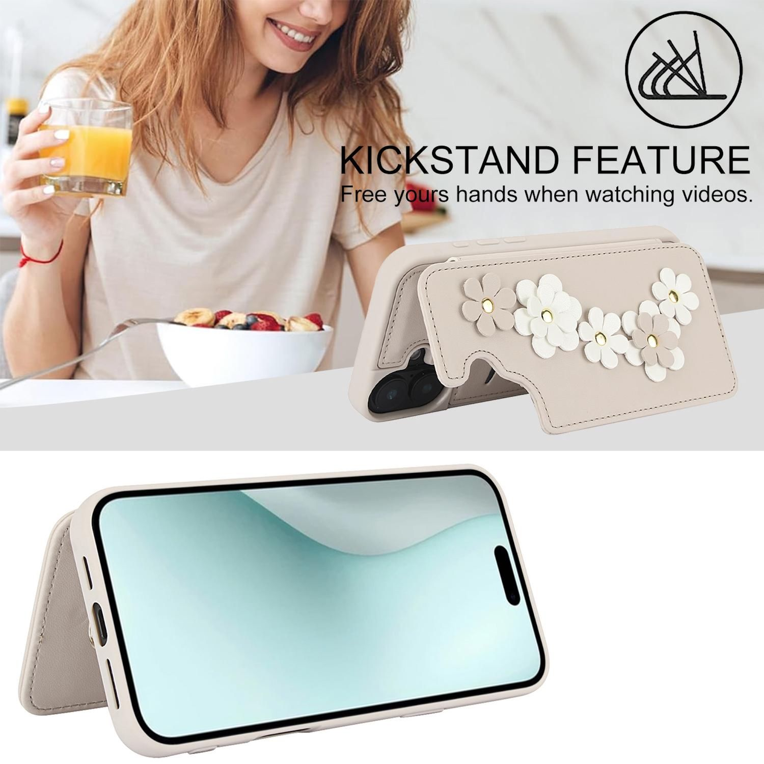 Frau mit Saft und Obstschale, Telefon in Hülle mit Blumendesign, Text 'Kickstand Feature'.