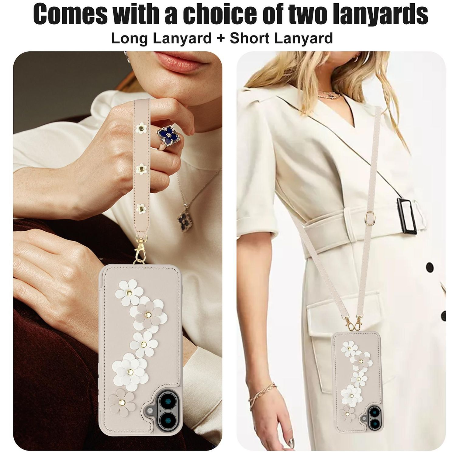 Zwei Frauen zeigen Handyhüllen mit Blumendesigns und Lanyards. Eine hält ein kurzes, die andere trägt ein langes.