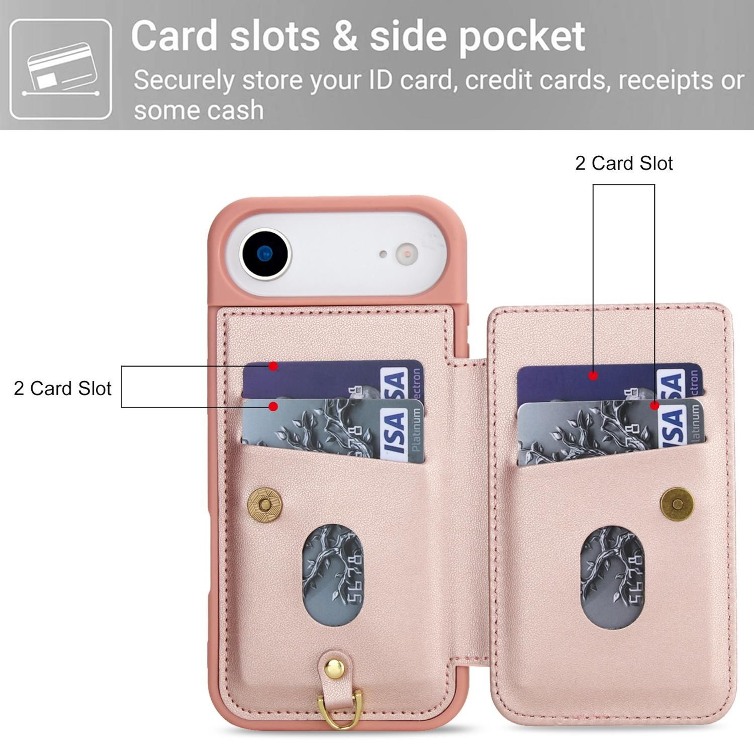 Una funda rosa para teléfono con ranuras para tarjetas. Se ven dos tarjetas. El texto indica ranuras para tarjetas y bolsillo lateral para identificación, tarjetas y efectivo.