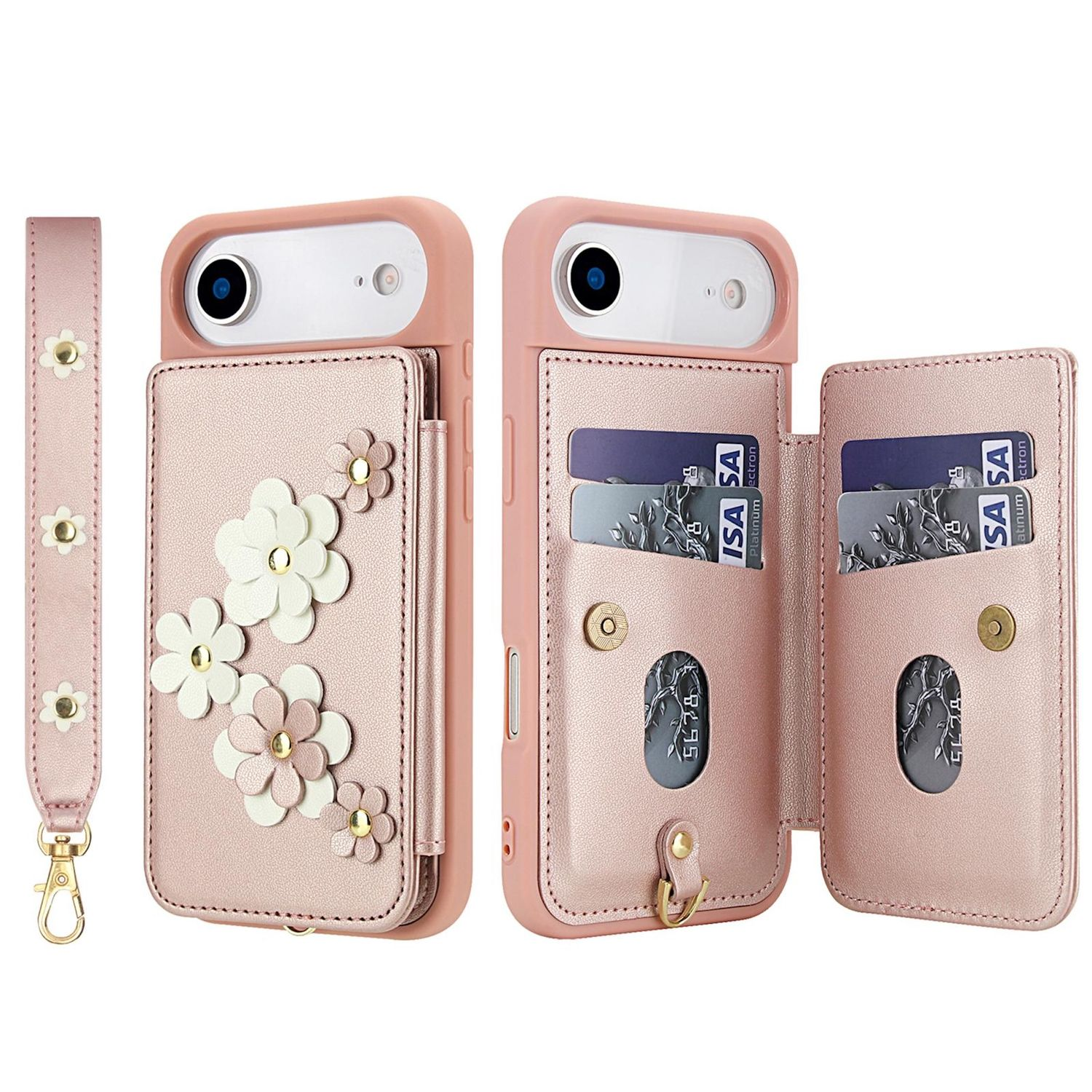Funda de teléfono rosa con correa desmontable. Cuenta con adornos de flores y un tarjetero con tarjetas de crédito.
