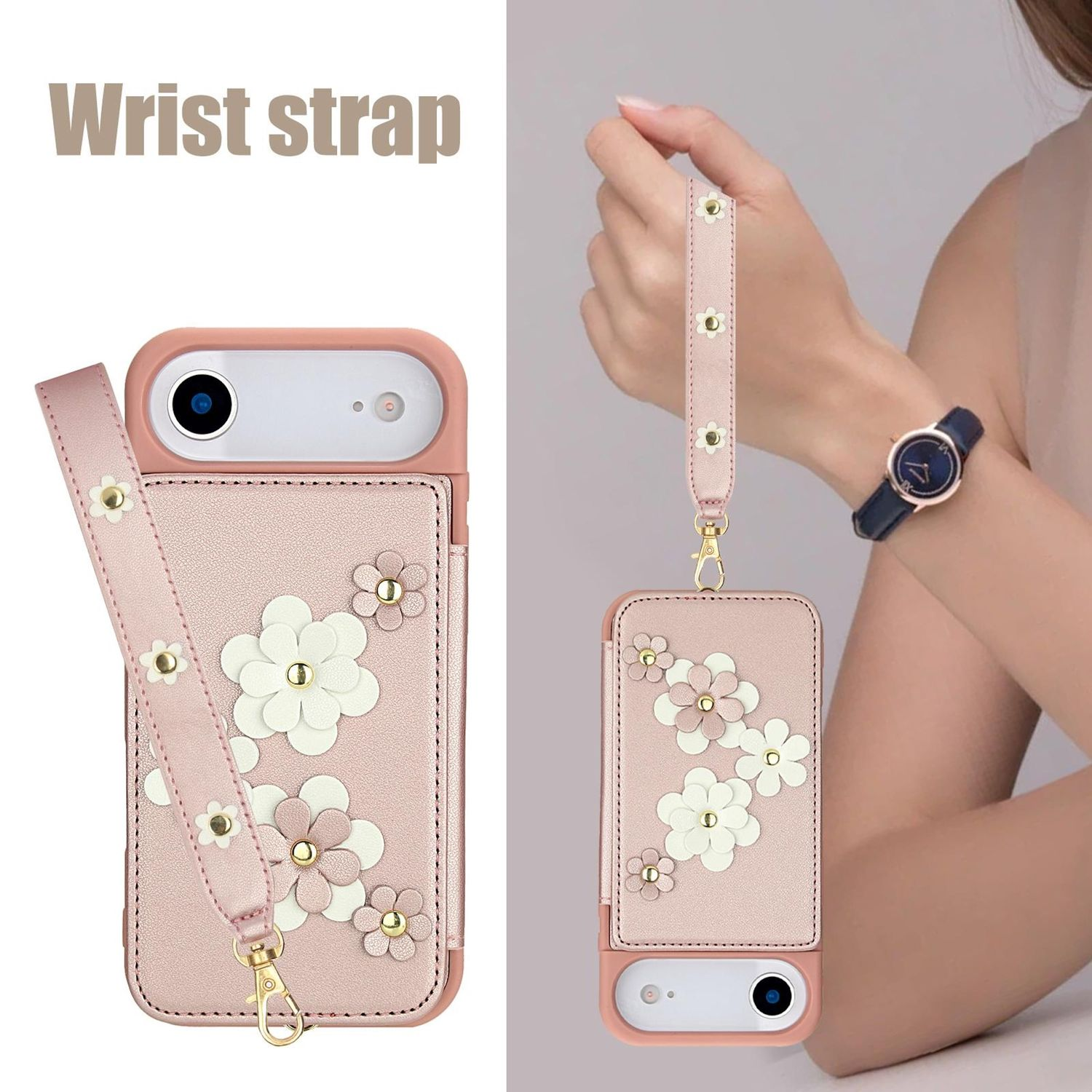 Funda de teléfono rosa con correa de muñeca con detalles de flores. Una persona sostiene la correa. Hay un reloj en la muñeca.