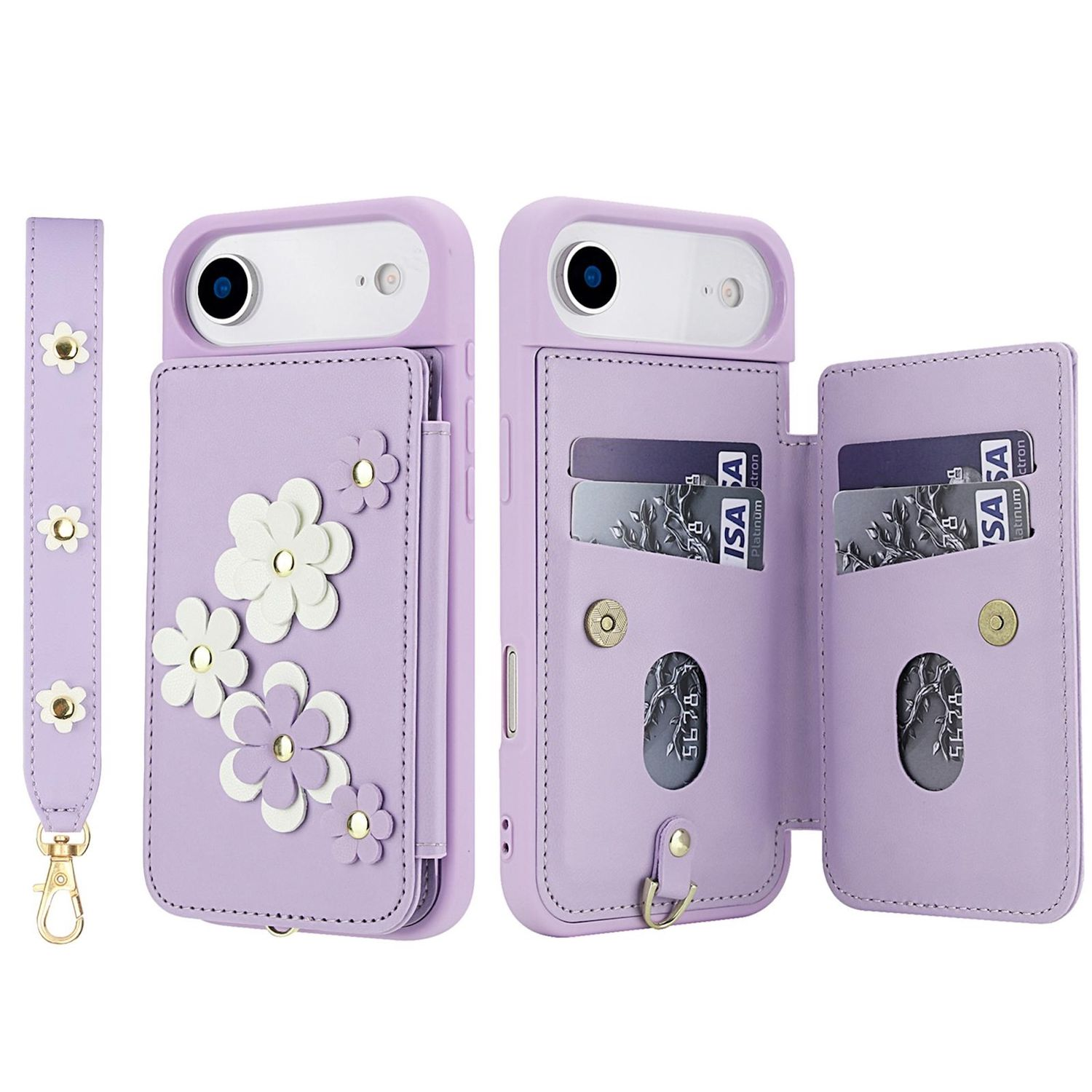 Una funda de teléfono lila con detalles de flores blancas y una correa. Dos fundas están abiertas mostrando tarjetas de crédito. Una correa es visible.