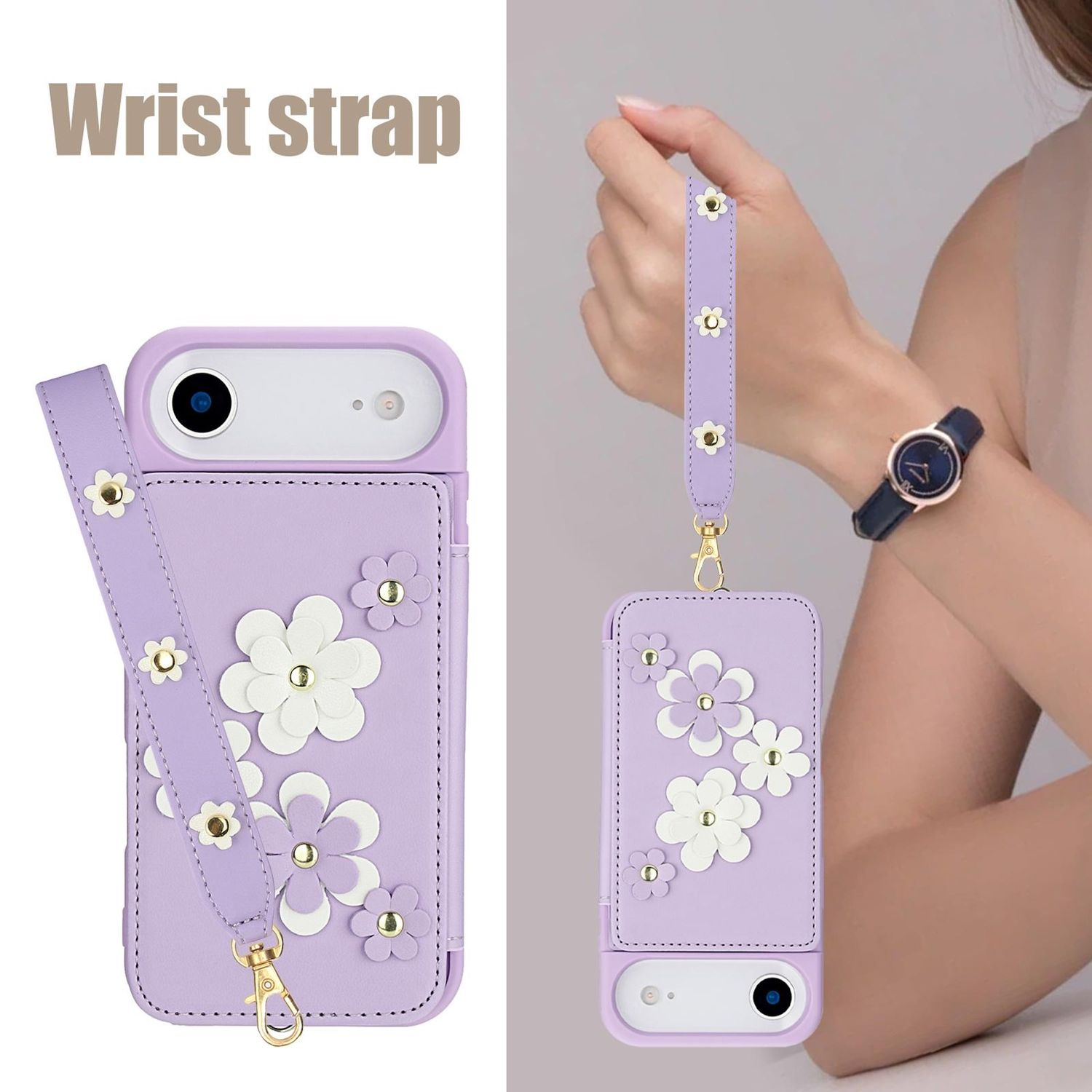 Una funda de teléfono lavanda con correa para la muñeca, decorada con flores blancas y detalles dorados. Una persona sostiene la correa, usando un reloj.