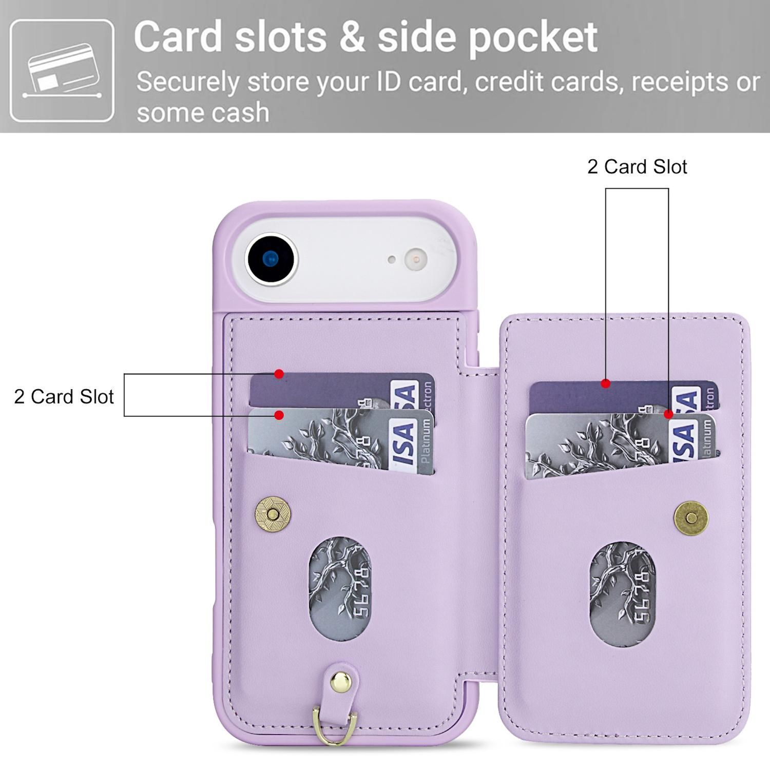 Una funda lila para teléfono con ranuras para tarjetas. Se ven dos tarjetas en las ranuras. La funda tiene cierre magnético y un pequeño anillo metálico.