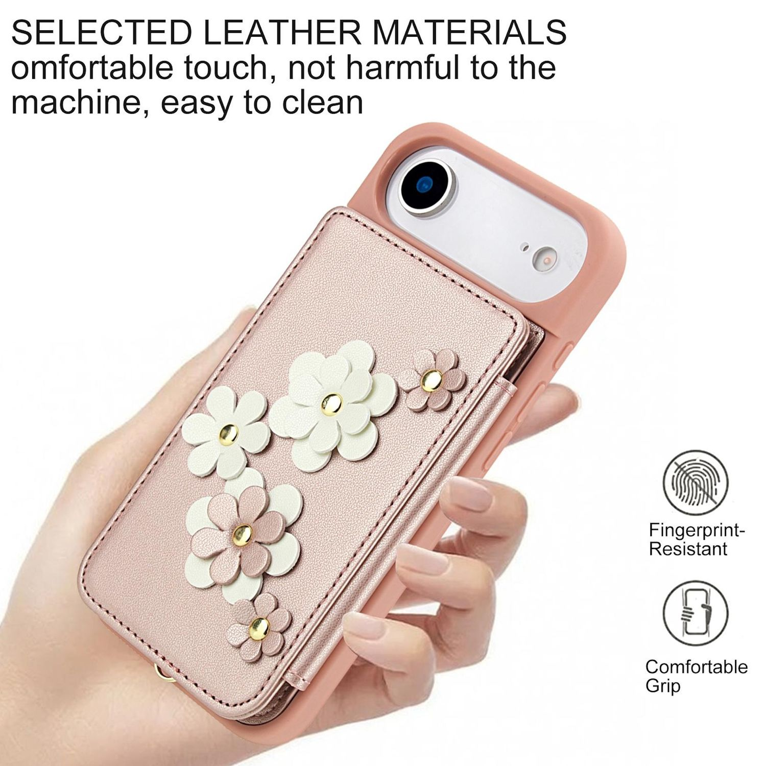 Una funda rosa para teléfono con adornos de flores blancas. Una mano sostiene la funda. Texto: Resistente a huellas, agarre cómodo.